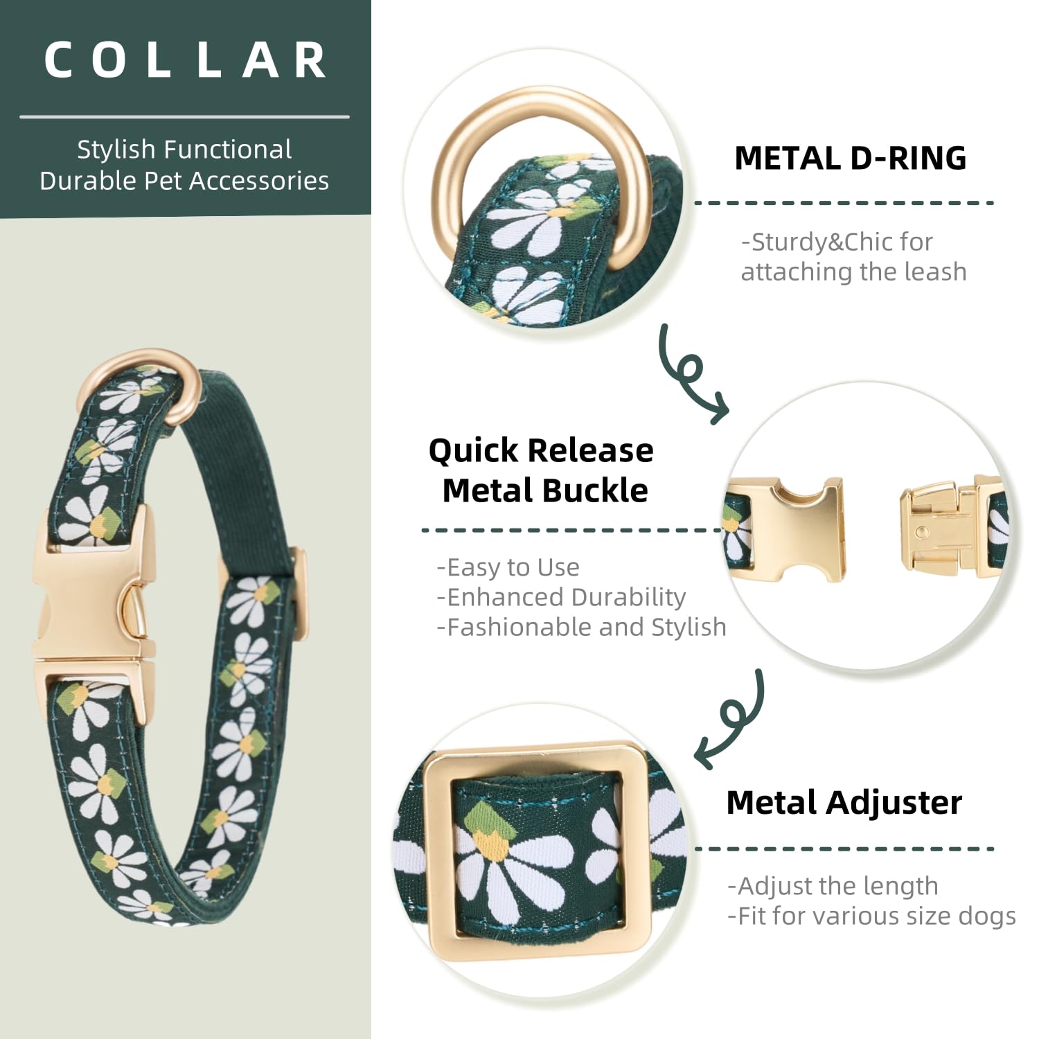 Petiry Woven Dog Collar with Metal Clasp-Chic Floral Patterned,Comfort Corduroy for Medium Male Dogs Neck 31-49cm,Green - Image 2