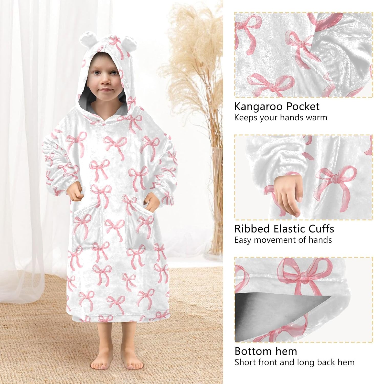 Pink Bow Cute Pattern Wearable Blankets for Kids, Soft Warm Cozy Blanket Hoodie for Boys Girls with Pocket