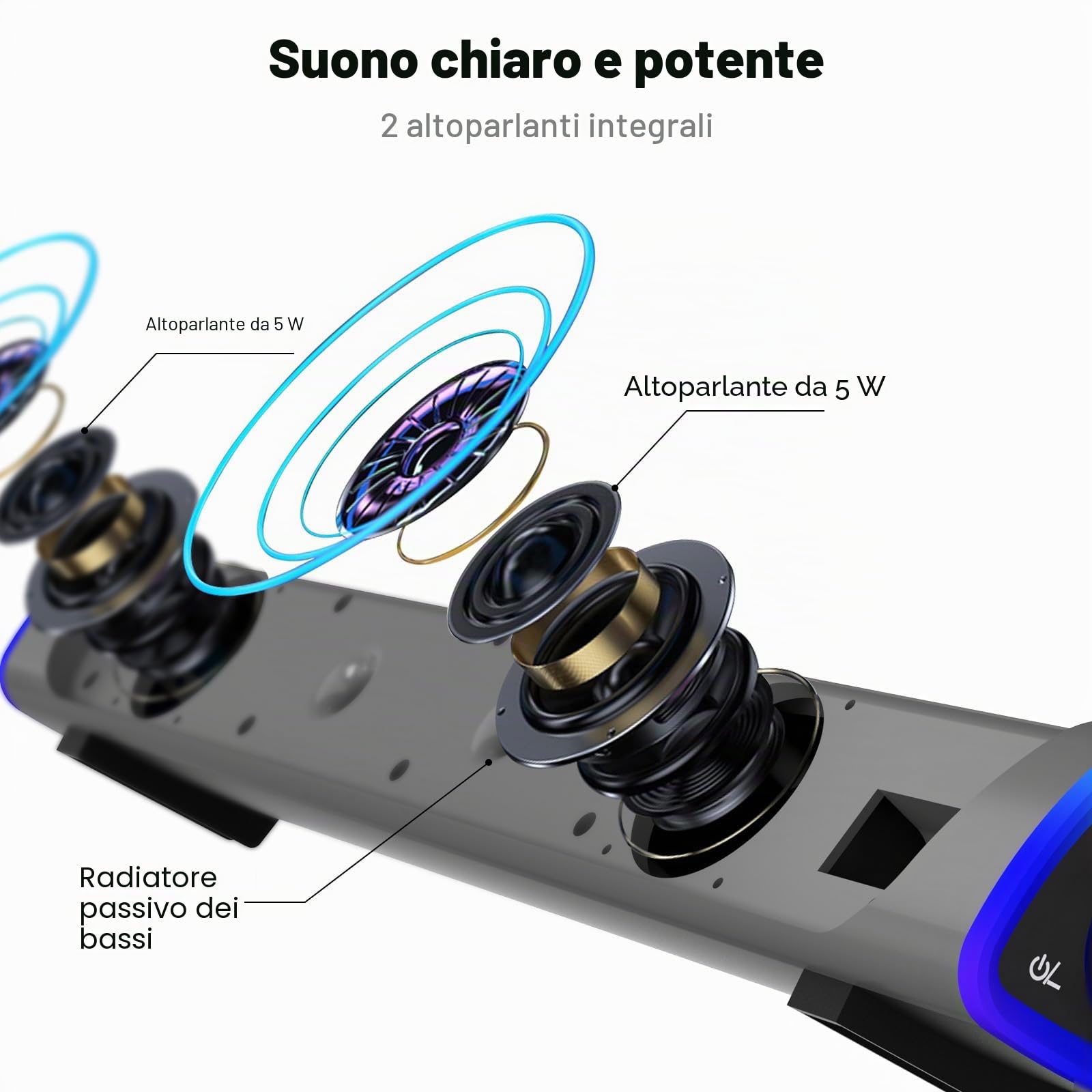 SOULION R30 Altoparlanti PC, Alimentazione USB Altoparlanti Computer, 3.5mm AUX, Luci LED Colorate con Pulsante di Interruttore, Casse PC Surround Soundbar per Computer, Portatile, Laptop, Desktop