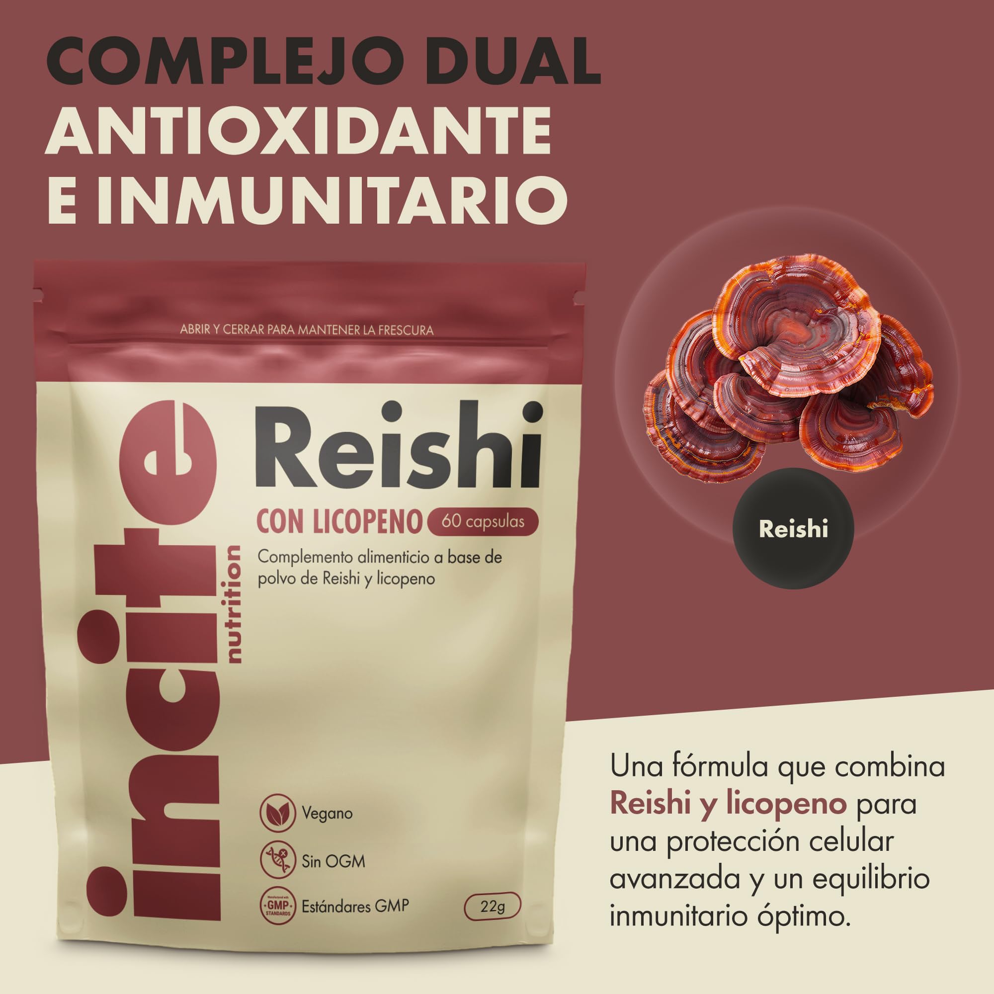 Incite Nutrition Reishi + Licopeno Complex – 60 cápsulas veganas | Apoyo inmunitario y antioxidante | Polvo de reishi (Ganoderma lucidum) y licopeno al 10% | Sin conservantes