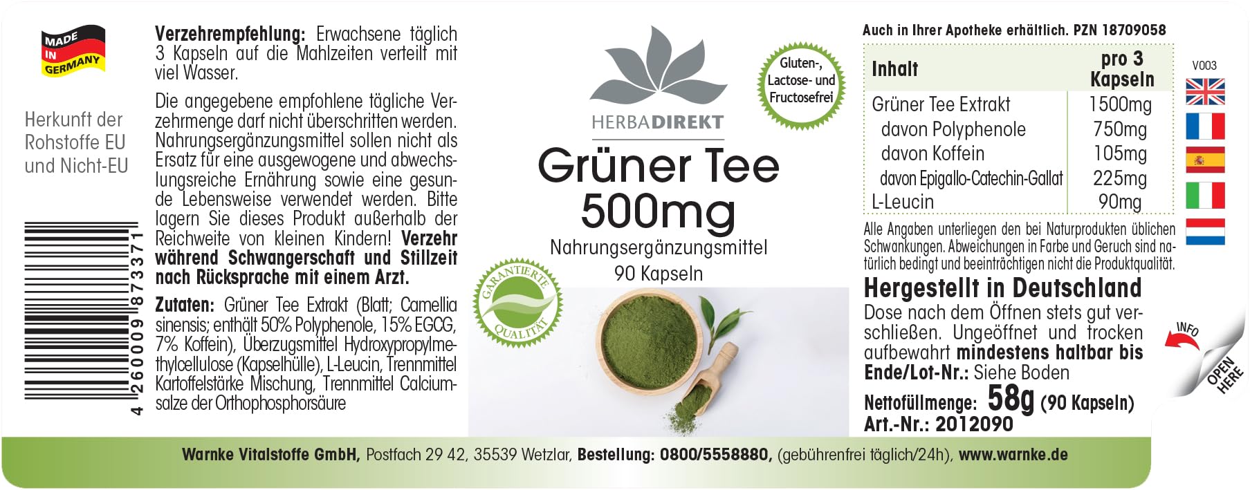Estratto di tè verde - 90 capsule - 1500mg per dose giornaliera - EGCG - Camellia sinensis - min. 50% di polifenoli - vegano | HERBADIREKT by Warnke Vitalstoffe - Qualità farmaceutica tedesca