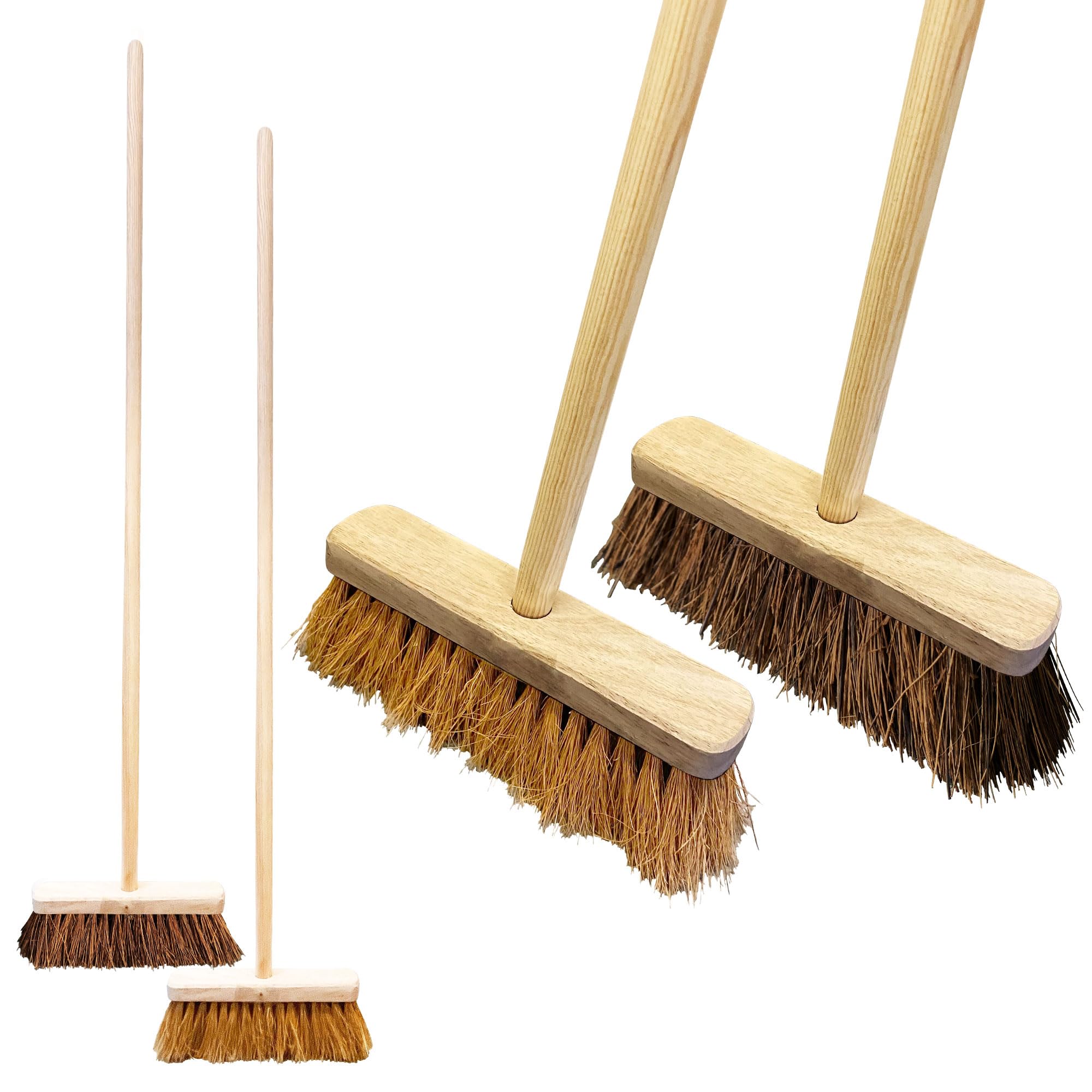 Tdbs The Dustpan And Brush Store Brown Twin Pack Of Traditional Wooden Sweeping Brushes - Stiff Outdoor Yard Sweeping Brush And Soft Coco Broom With Handles - 10" Wide