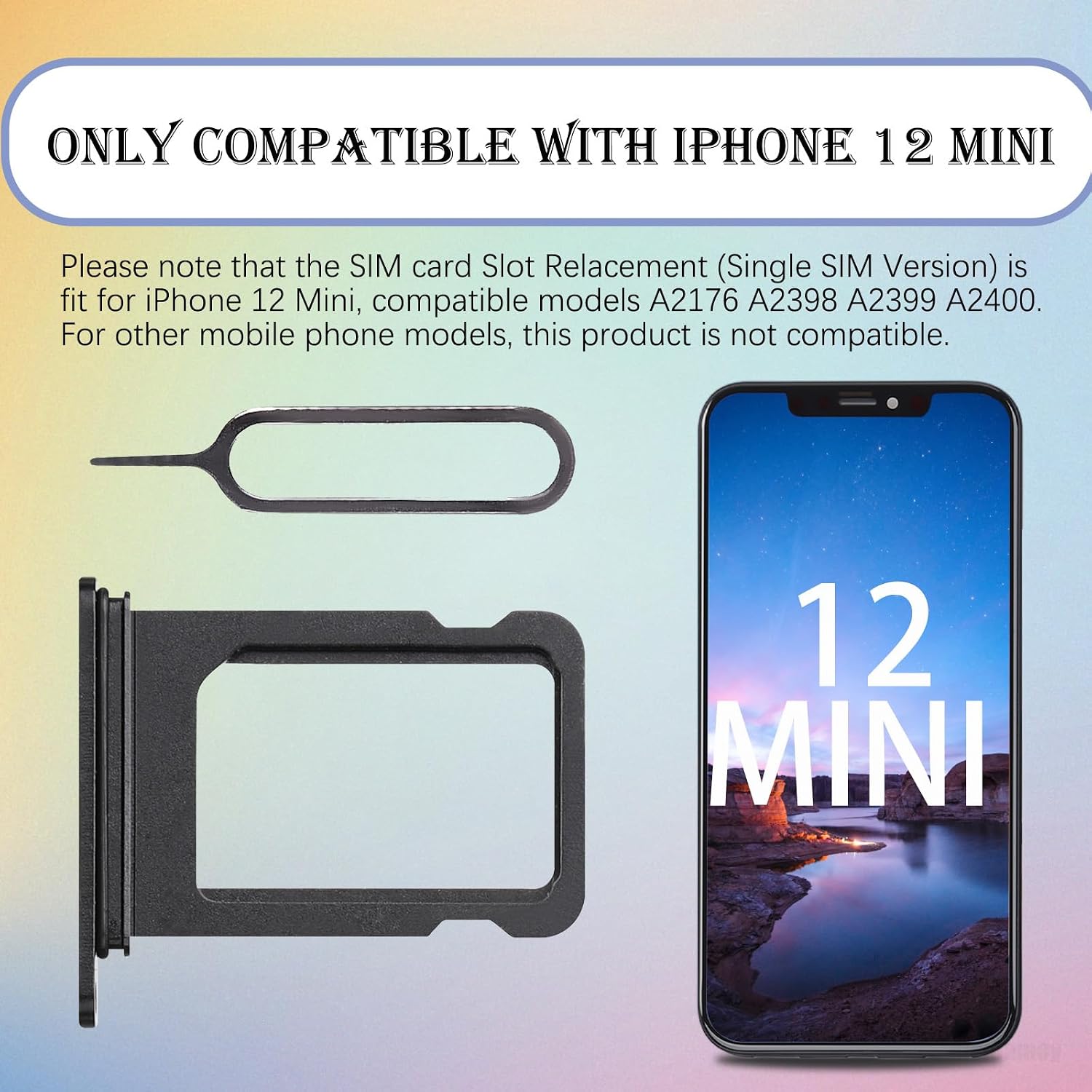 for iPhone 12 Mini Black Single SIM Card Tray Slot Replacement | Sim Card Tray Holder Adapter with SIM Ejector Mobile Phone Repair Replace for iPhone 12mini A2176 A2398 A2399 A2400