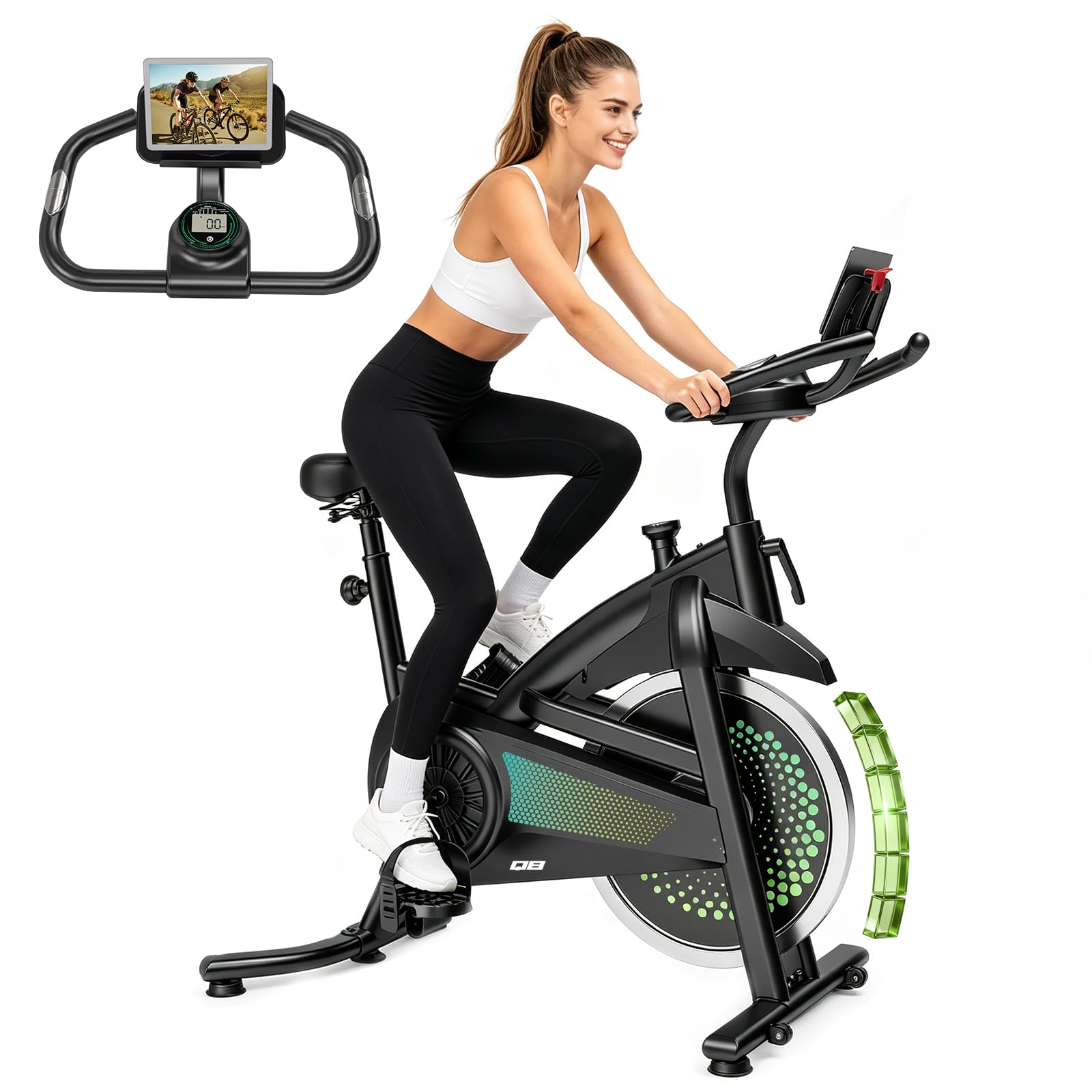 Bicicleta estática Q8 silenciosa de frenado magnético | Resistencia 0-100% ajustable | Pantalla LCD multifunción | Pulsómetro | Asiento/manillar ajustables | Parada de emergencia | 150KG máx.