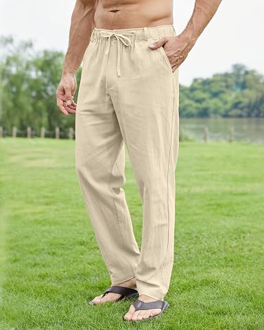 Pantalon Coton Lin Homme Été Grande Taille - Pantalon Plage Yoga Casual Elastique Avec Cordon