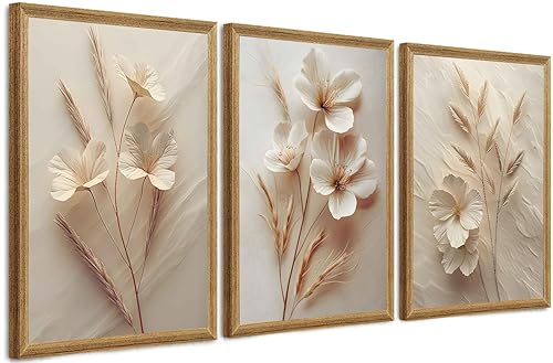 FYLDPSB 3Pcs Framed Neutral Beige Floral Canvas Wall art, Modern