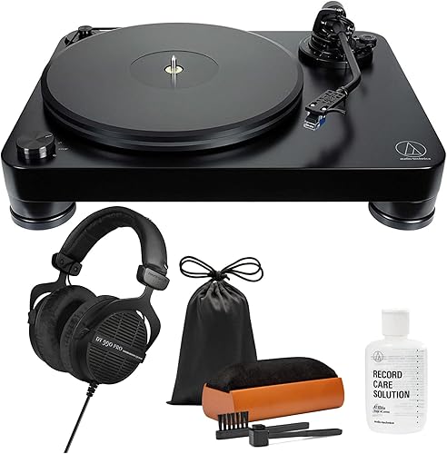 Audio-Technica AT-LP7 - Tocadiscos de transmisión por correa totalmente manual (negro) con auriculares DT 990 PRO (edición limitada, negro ninja) y