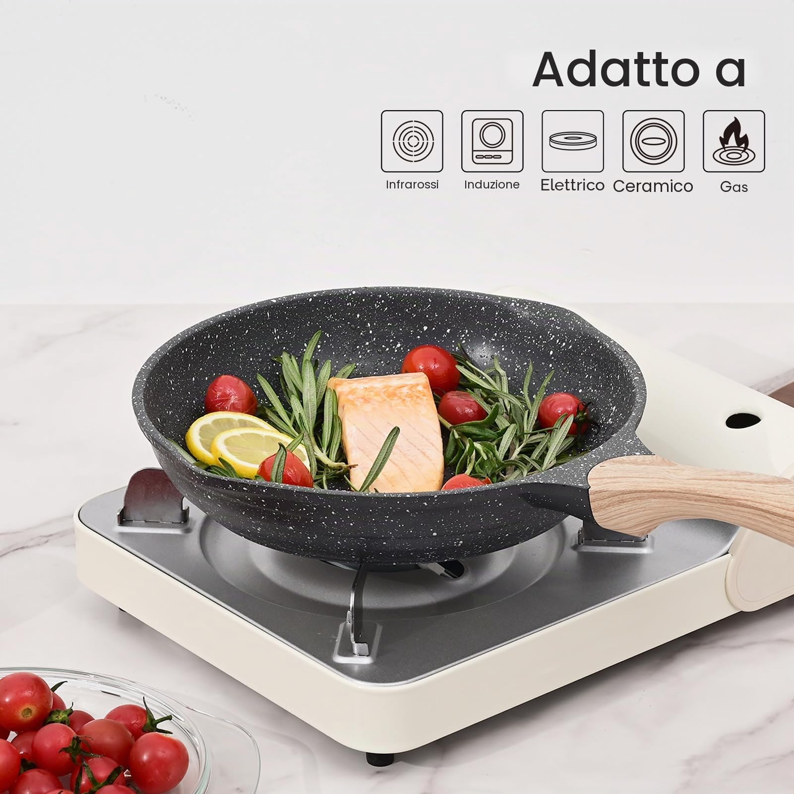 JEETEE Induzione Set Padelle Antiaderente 3 Pezzi 20,24,28cm, Granito-Antiaderente Rivestimento, Ghisa di Alluminio, Maniglia in bachelite, Compatibile Tutti Fornelli y Induzione, Senza PFOA, Grigio