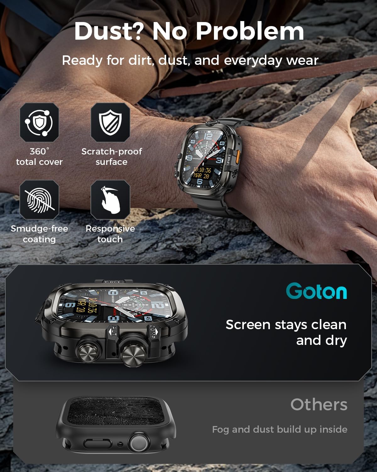Goton Rugged Case and Band Kit with Screen Protector for Apple Watch 49mm, Compatible with Apple Watch Ultra 3/Ultra 2/Ultra, Full Body Shockproof Metal+PC Bumper Cover with Silicone Band, Black - Image 4