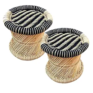 YCH Enterprises Rajasthani Handmade Cane Wood Bamboo Mudda for Living Room, Balcony (15X16 in) | Pack of 2 Phool Sitting Stool/Chair for Outdoor/Indoor Furnishing (Black and Beige)