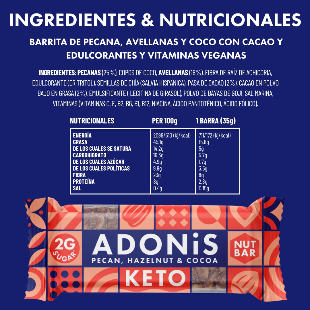 Barras Keto de Adonis de Pacana, Avellana y Cacao (16x35g) | Vegano | Snacks Keto 100% Naturales | Sin Gluten/Sin Azúcar/Aceite de Palma | Bajo en Azúcar, Bajo en Calorías
