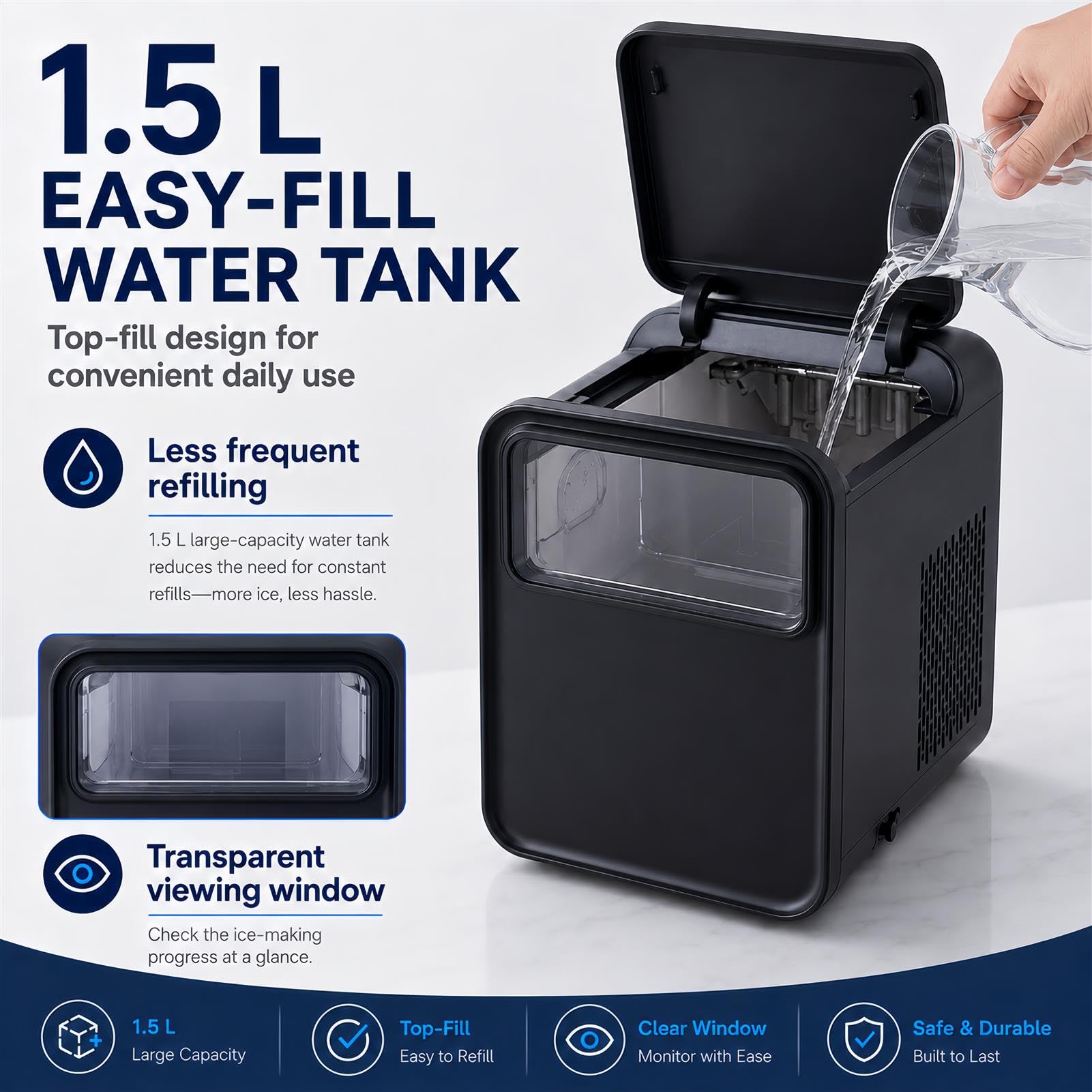 Macchina portatile del produttore di ghiaccio del bancone con il serbatoio dell'acqua 1.5L produce ghiaccio proiettile in 6 minuti due dimensioni autopulizia per la festa del bar dell'ufficio della cu
