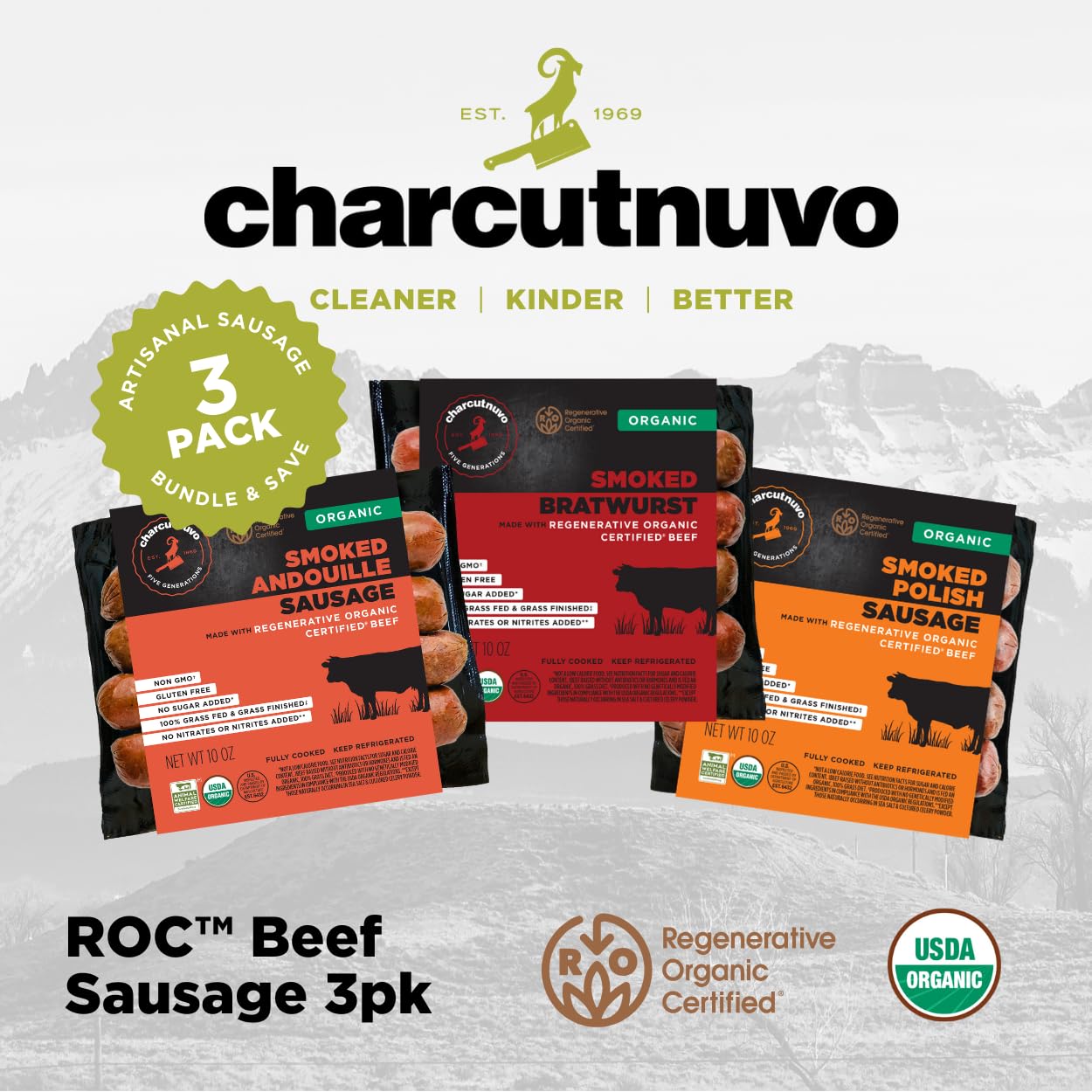 Charcutnuvo Regenerative Organic Certified™ 100% Grass-fed Beef Sausage 3-Pack – ROC™ Smoked Bratwurst, ROC™ Andouille, ROC™ Smoked Fresh Polish