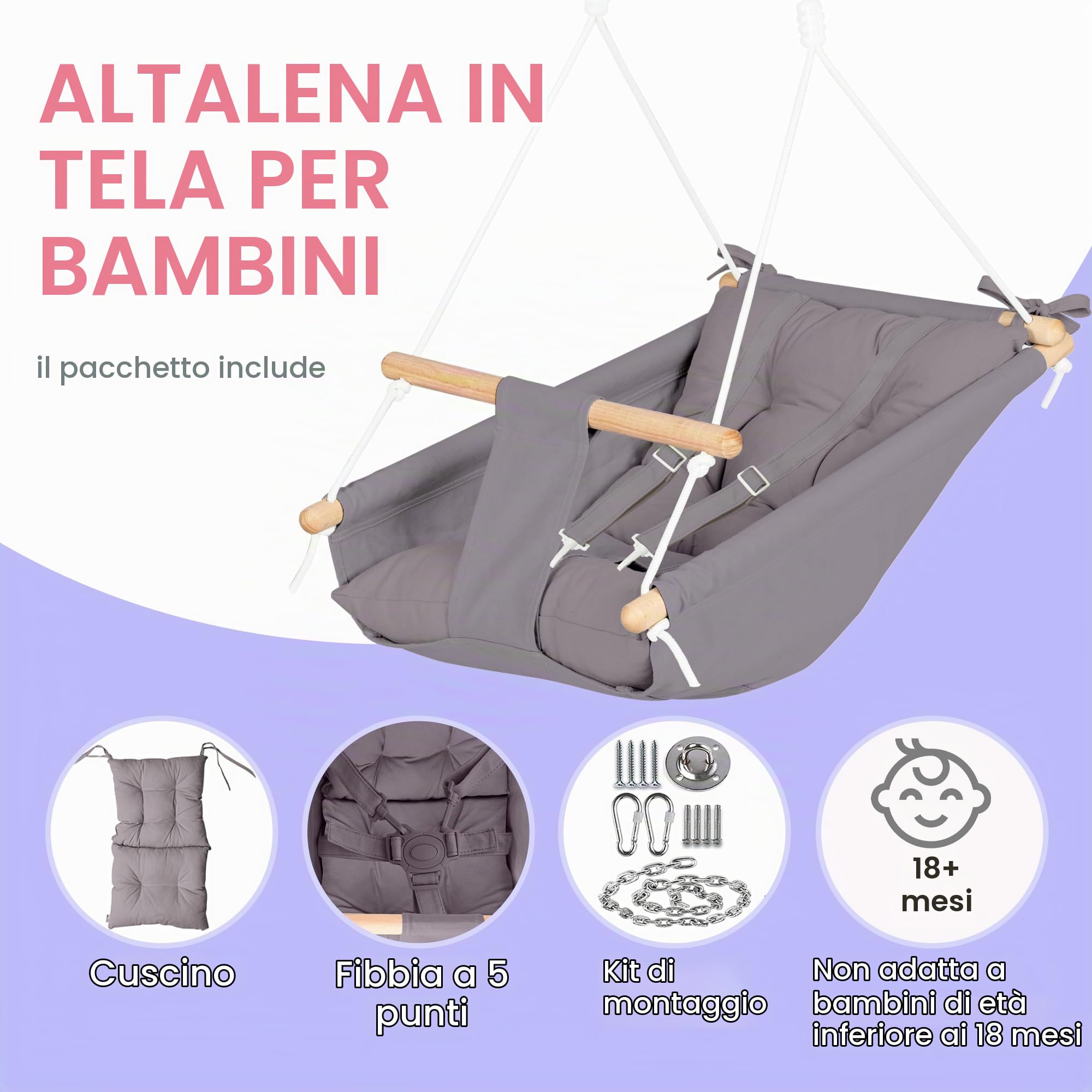 Cateam - Amaca in tela per bambini, altalena sospesa, in legno, con cintura di sicurezza e parti di montaggio, per il compleanno (Grigio Scuro)
