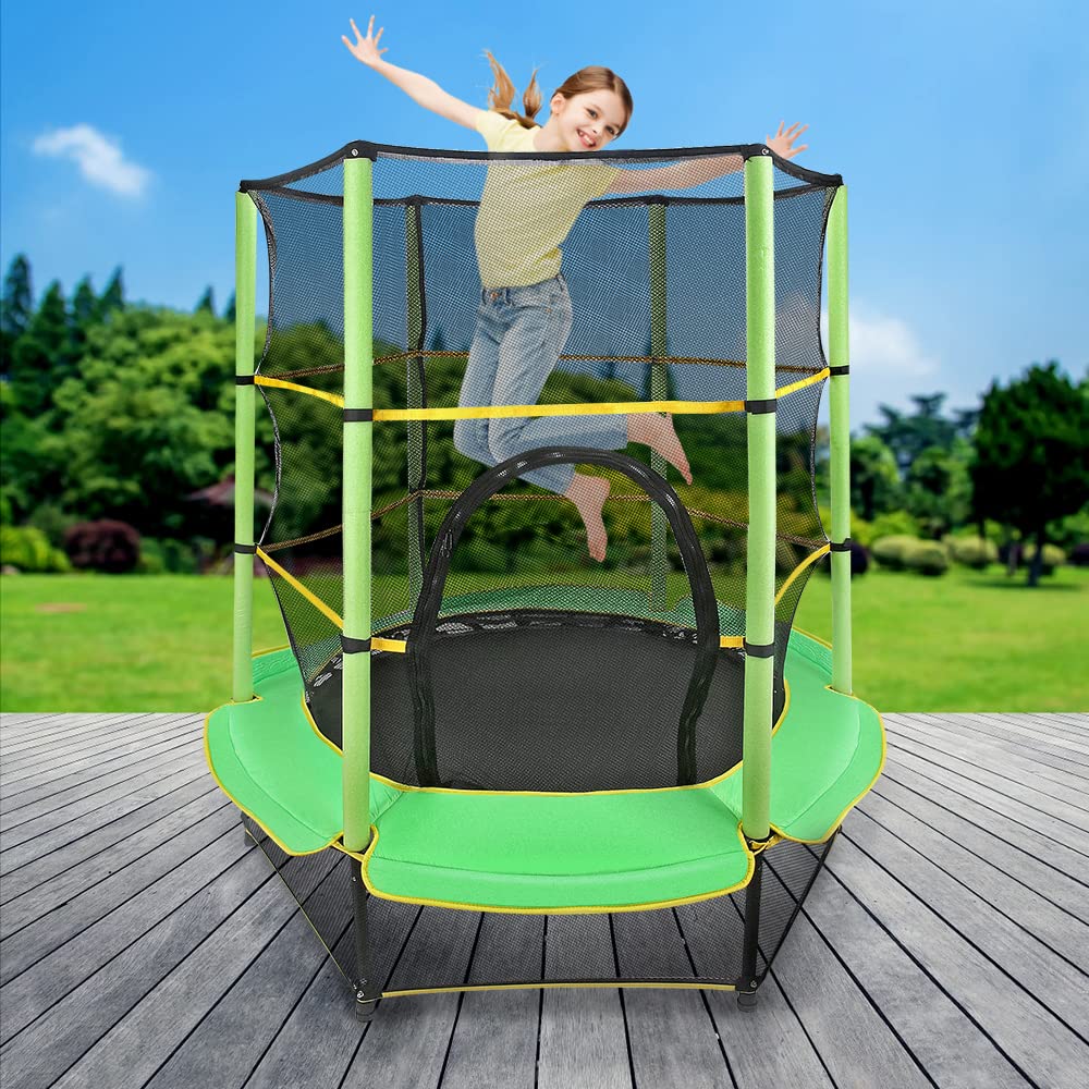 Kinder Trampolin Ø 140cm Indoor Kindertrampolin mit Sicherheitsnetz & gepolsterter Sicherheitsabdeckung, Draußen Trampolin für ab 3 Jahre, Gartentrampolin