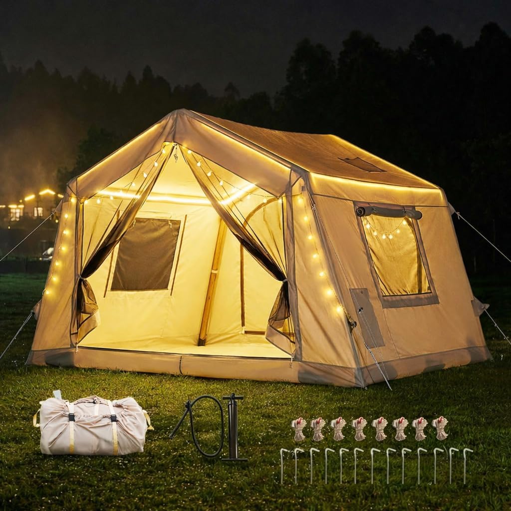 Inflatable Tent for 2-8 Person Camping,Easy Setup with Hand Pump,Waterproof PU3000mm&Breathable 4-Season Glamping Tent,Oxford Air Tent,8m² for Adults