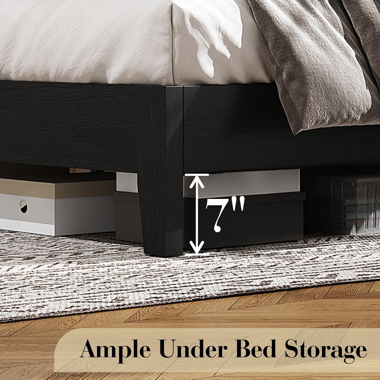 LUXOAK Full Size Solid Wood Bed Frame with 48.4 inch Tall Headboard, Mid-Century Modern Platform Bed with Wooden Slats and Metal Frame. No Box Spring Needed, Easy Assembly, Black