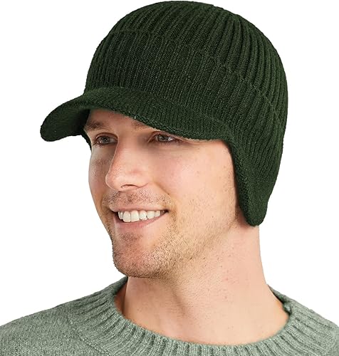 Koreshion Gorro de invierno para hombre con orejeras, gorra de béisbol de punto con ala, gorro de esquí con forro polar cálido sombrero de caza