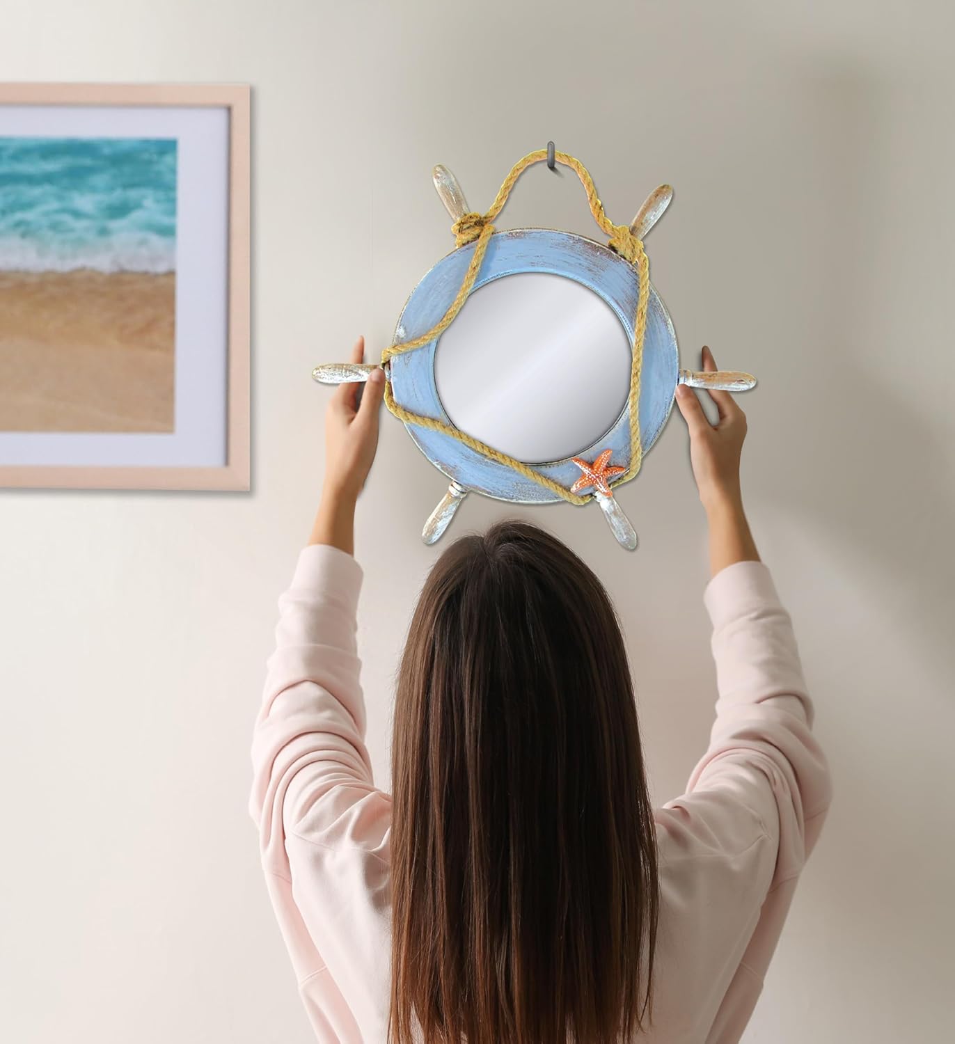 Puzzled COTA Global Pacific Mirror Boat Wheel Nautical Decor - Nautical Themed Wood Mirror, Beach Decor for Wall, Novelty Blue Boat Wheel Mirror with Rope and Starfish Wooden Figure