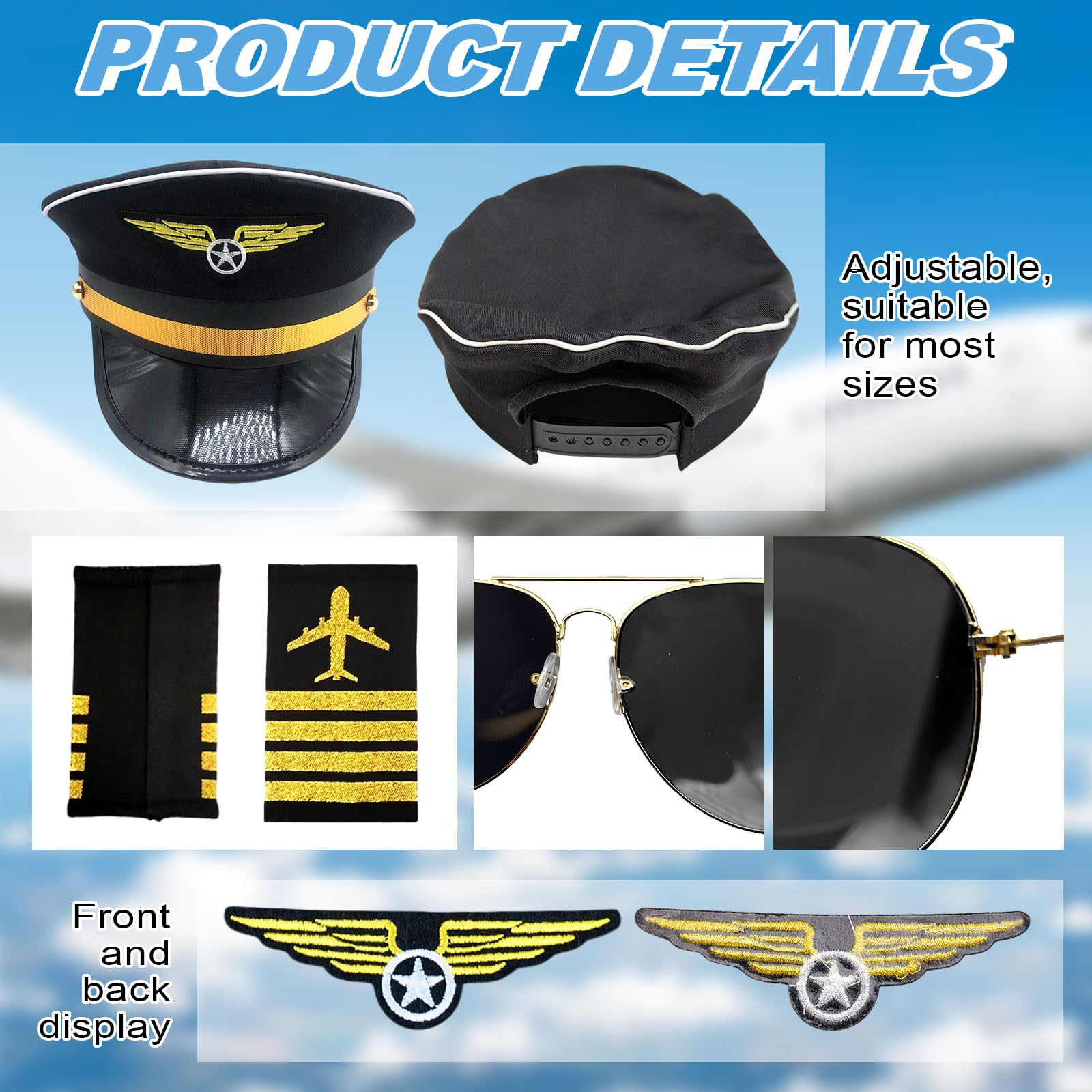 GYIOFAI 7 Pcs Pilot Captain Hat Costume Accessories Set,Halloween Military Airplane Captain Costume Fancy Dress Kit - Image 3