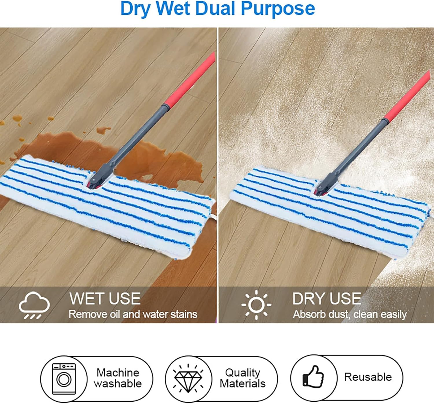 2 Pack Microfiber Mop Replacement Heads Compatible with O-Cedar Dual Action Flat Mop for Dry/Wet Use, Machine Washable Reusable Flip Mop Refills All Surface Cleaning(Blue White Stripe)