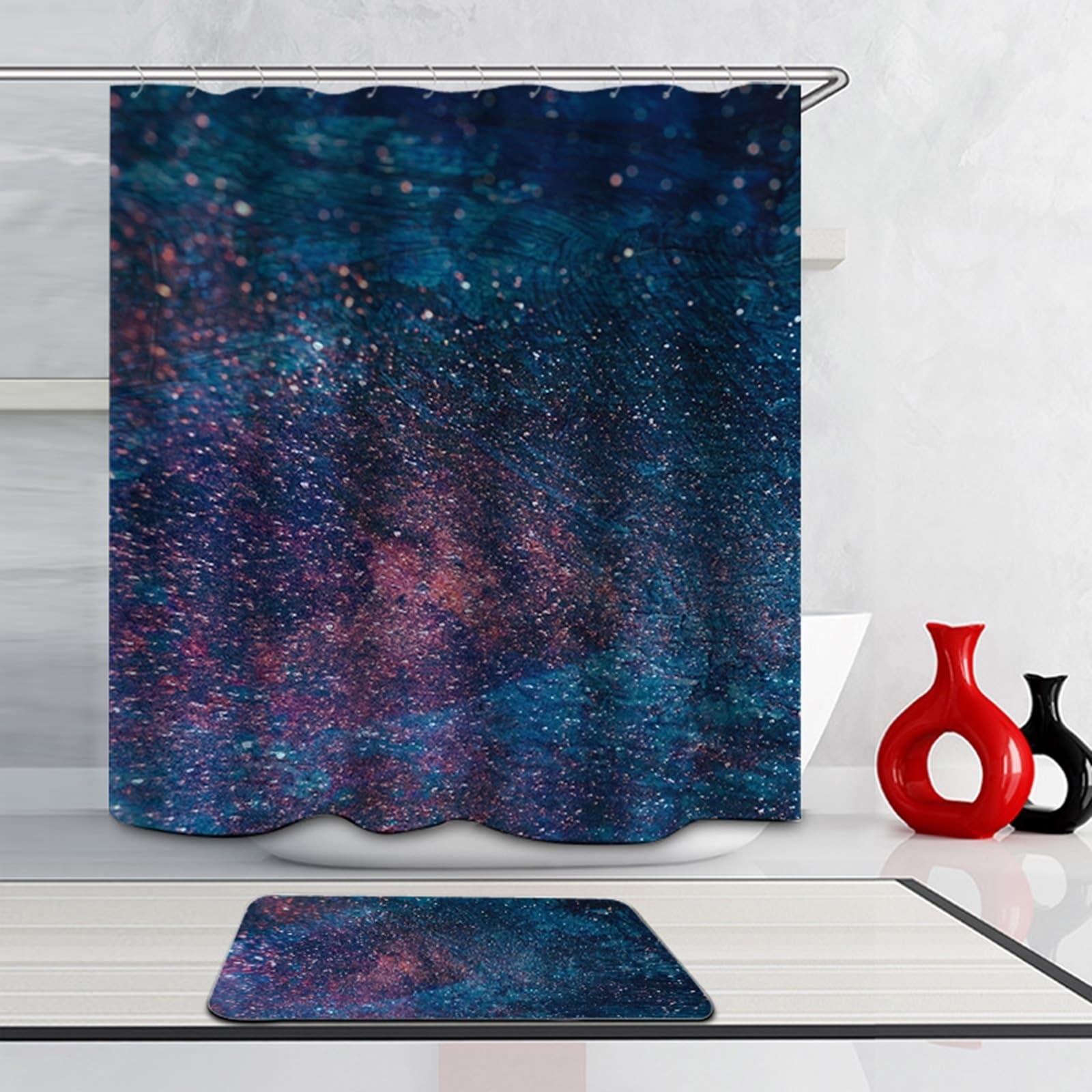 Tenda da doccia blu, 165 x 200 cm, impermeabile, lavabile, motivo fantasia, in poliestere, lavabile, 1,65 x 2 m di lunghezza (larghezza x altezza) con anelli per tenda da doccia