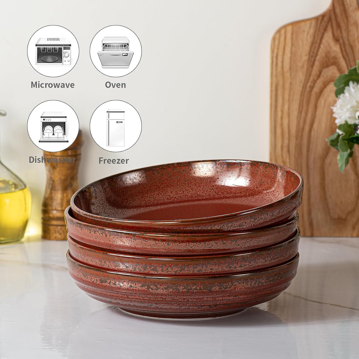 HAPPY KIT 9'' Large Pasta Bowls, 42 Oz, Stoneware Reactive Glaze Salad Bowl Set of 4, Ceramic Serving Bowls for Fruit,Soup,Noodle, Dinner, Scratch Resistant, Rust Red - Image 4
