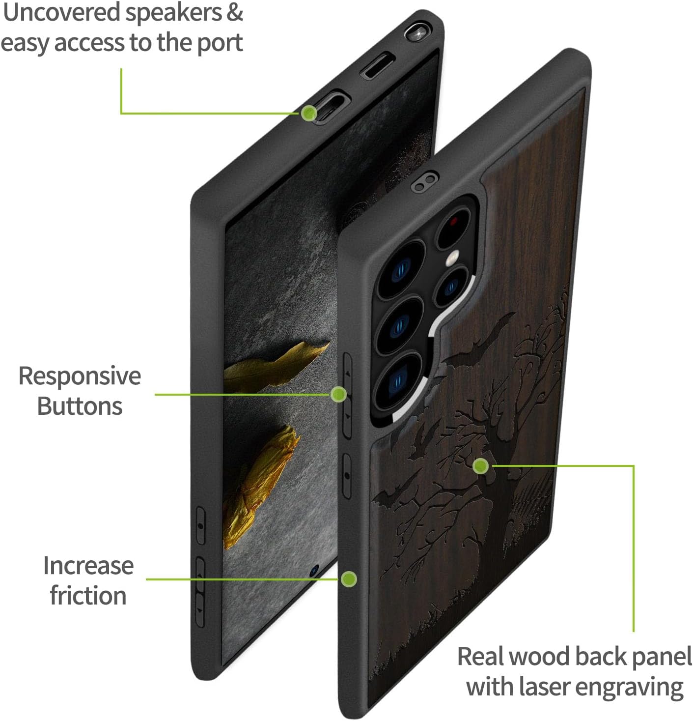 Carveit Magnetic Wooden Case for Samsung Galaxy S25 Ultra Case 2025, TPU Shockproof Cover & Wood Artisan Engraved, Compatible with MagSafe Wireless Chargers (Gothic Night) Blackwood