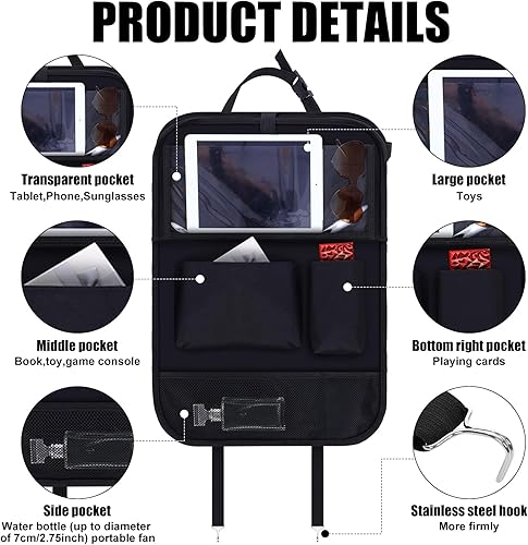 Vista 2 de 2 organizadores de automóvil para asiento trasero de automóvil con bandeja de mesa, 6 bolsillos de almacenamiento con soporte para tableta, Negro