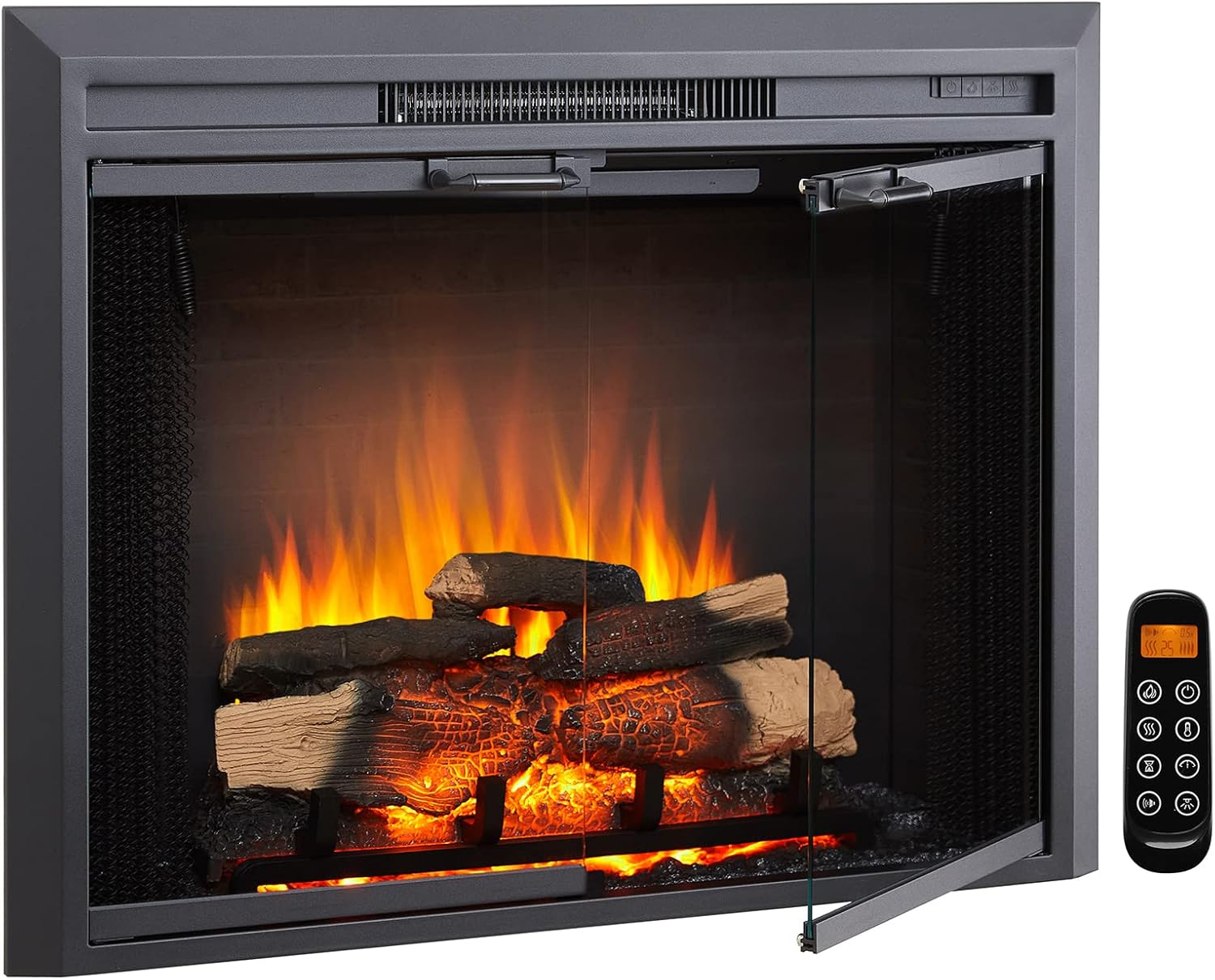 LegendFlame Damon 35 inch Electric Fireplace Insert with glass door and mesh screen, showing realistic flames and logs, with the remote control next to it.