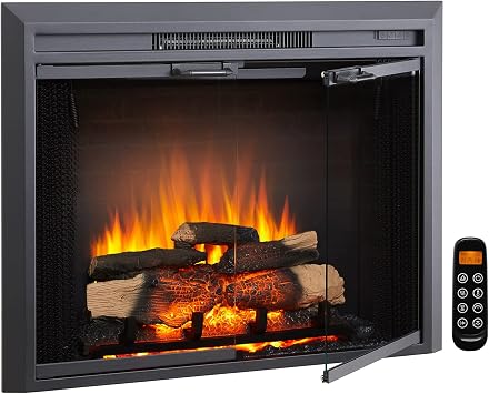 LegendFlame Damon 35" W Electric Fireplace Insert with Glass Door and Mesh Screen EF264B, Fireplace Heater 750/1500W, Fire Crackling Sound, Remote Control.