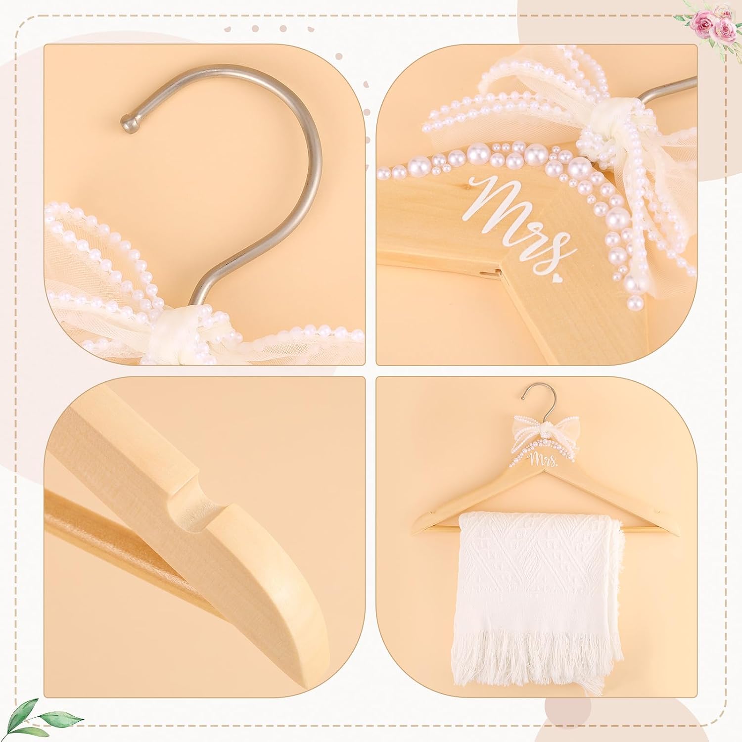 Bride Hanger Wedding Dress Mrs. Hanger with Pearl Ribbon Bow Wooden Hangers for Wedding Gift Bridal Shower Party Supplies (Mrs Wood Color)