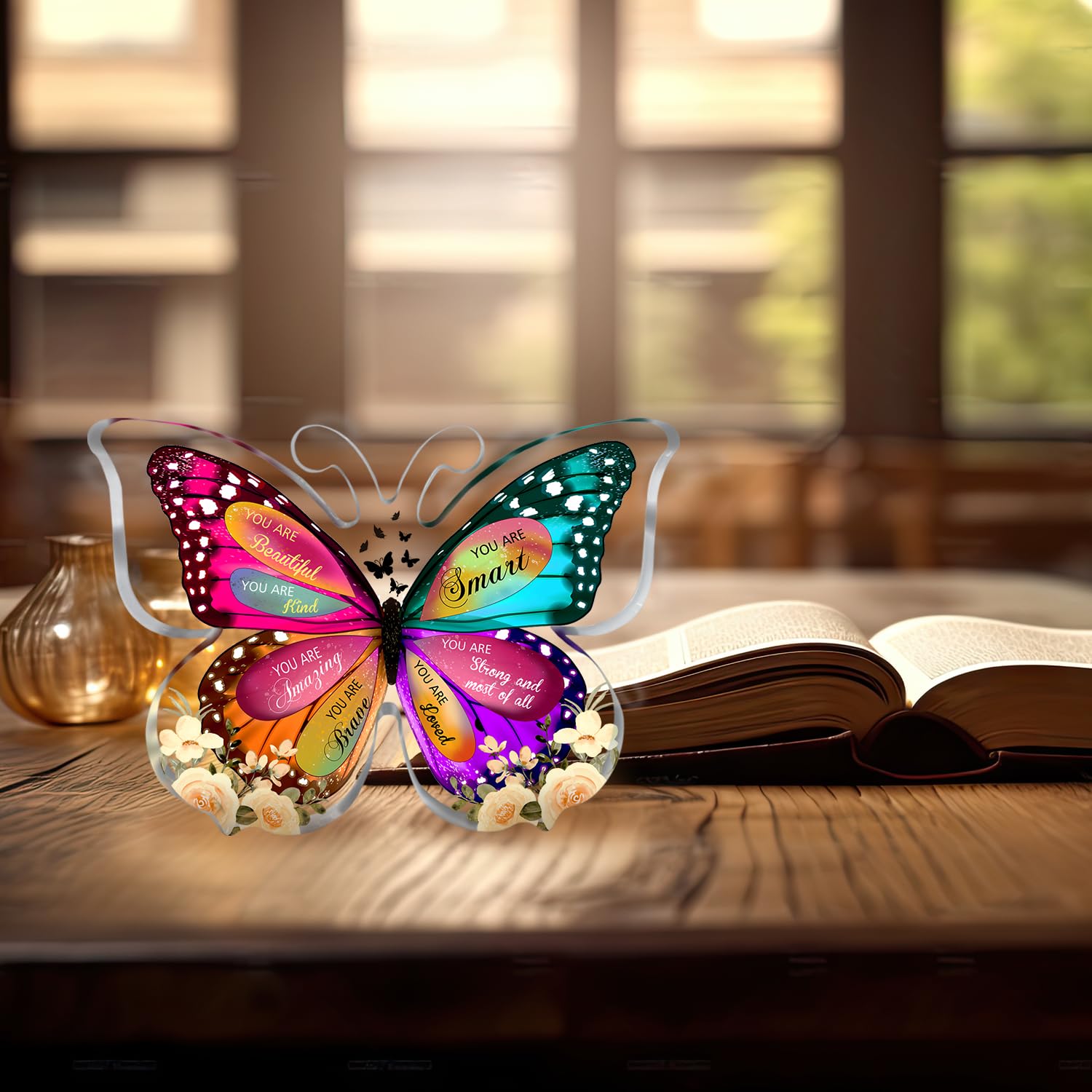 Positive Affirmation Desk Sign - 4x4 Inch Acrylic Motivational Quote With Butterfly Pattern, Wood Stand For Office & Home Decor - View #9