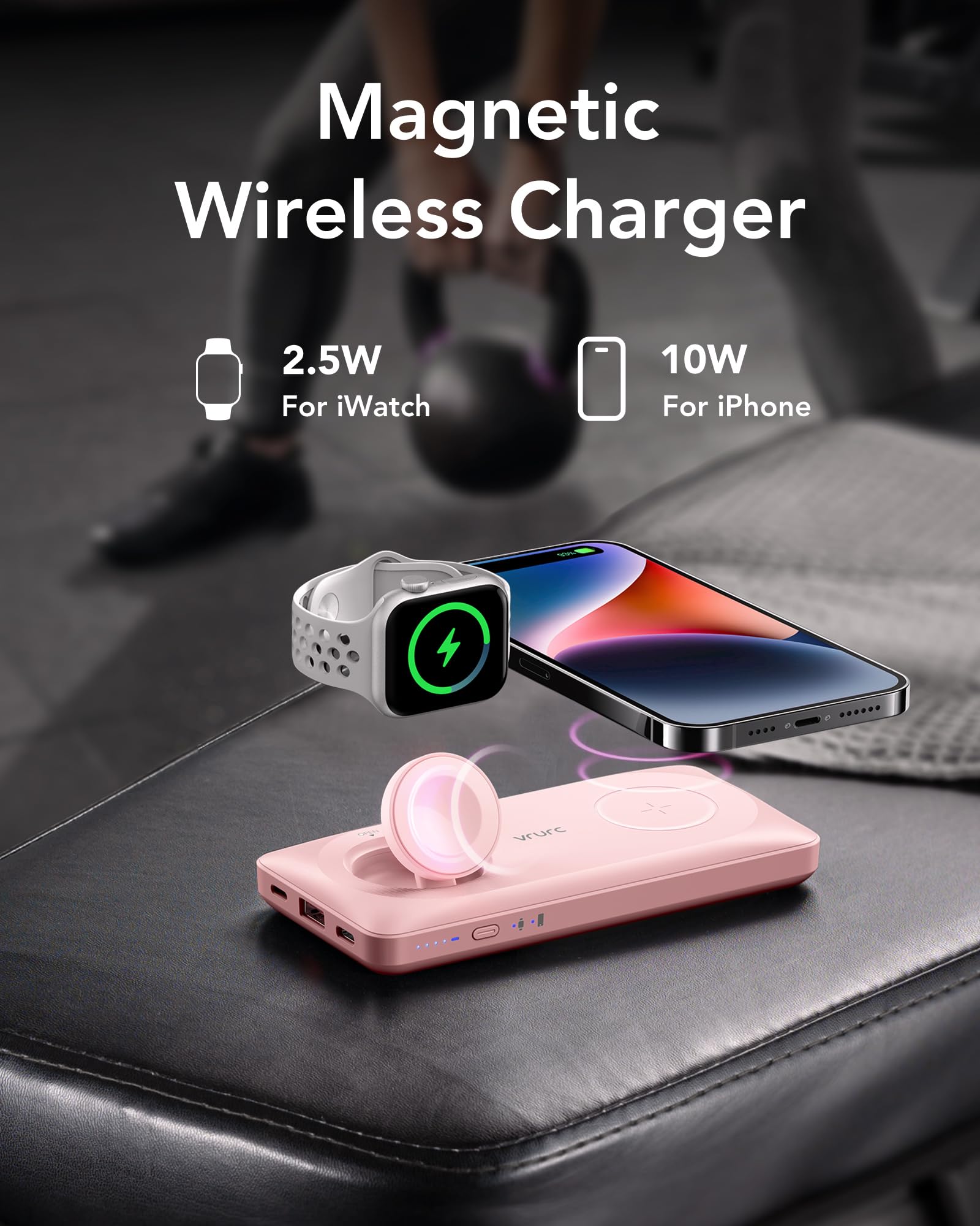 VRURC Power bank Magnetico, PowerBank 10000mAh, Caricabatterie Wireless 3 in 1, Ricarica Rapida da 22,5 W Compatibile con iPhone Serie, Apple Watch Ecc - Rosa