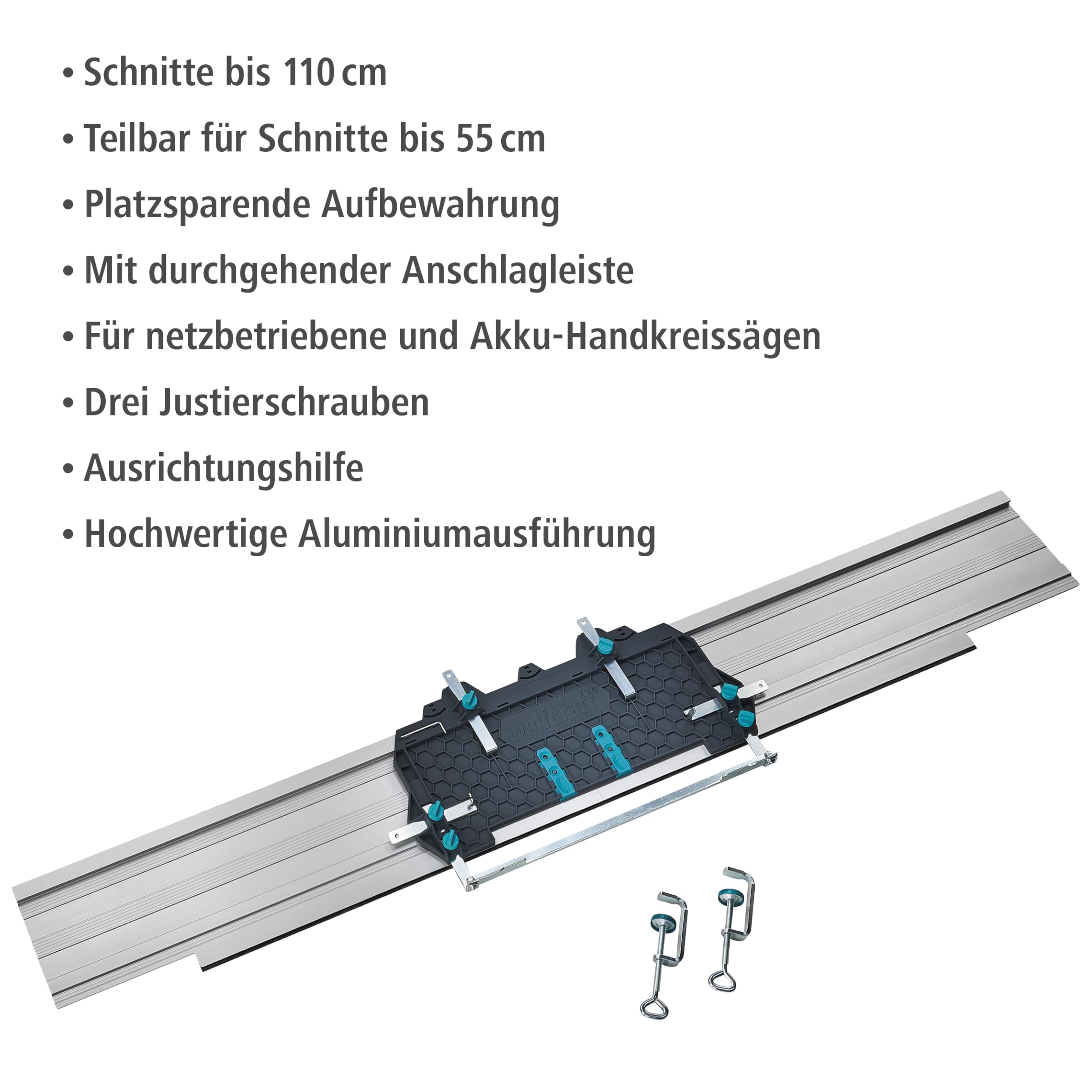 wolfcraft FKS 145 Führungsschiene für Handkreissägen - Schnitte bis 110 cm | Kunststoffschlitten mit Gummilippe, Aluminium, für Akku- & Netzbetriebene Sägen - verlängerbar und teilbar - 6913000
