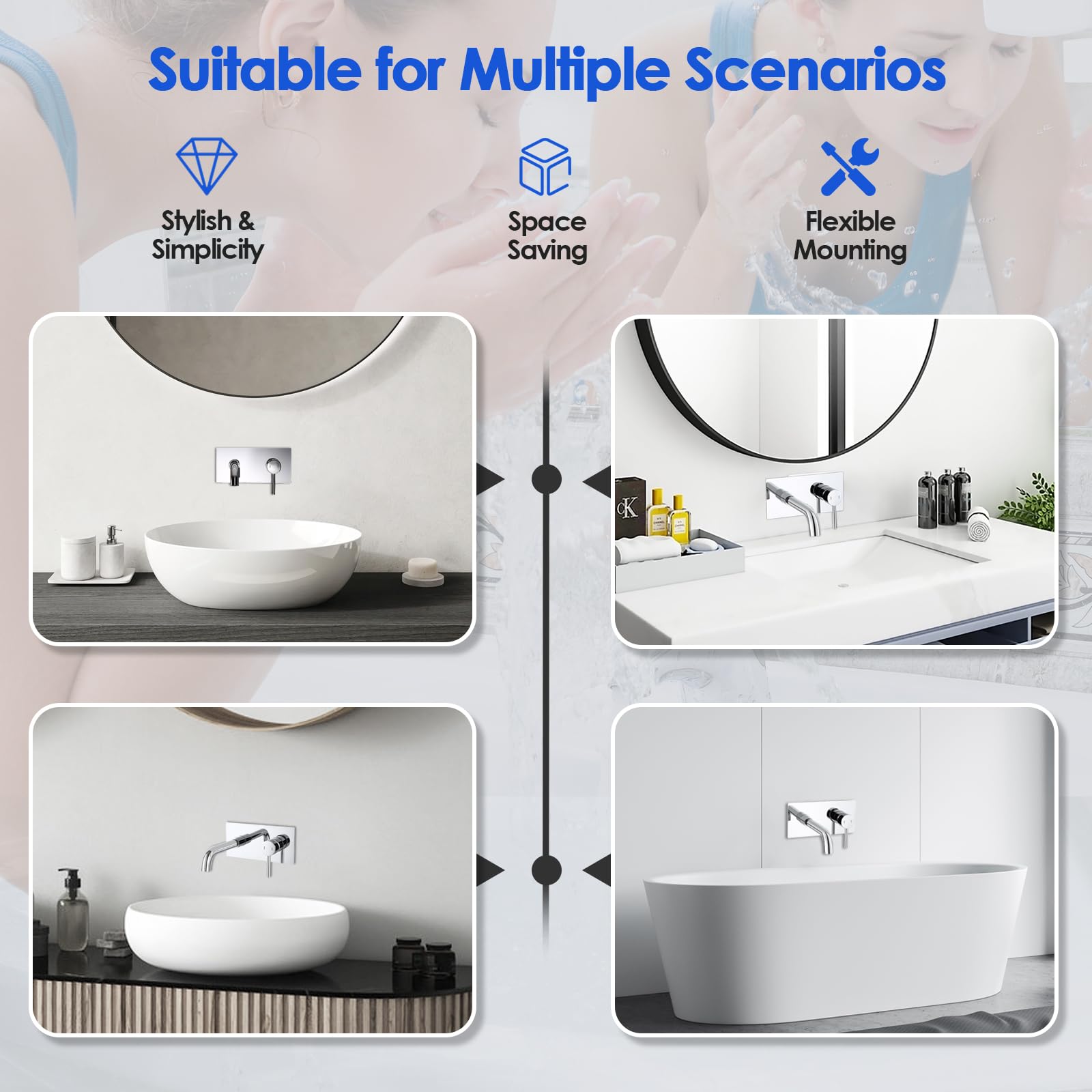 ROVOGO Wall Mounted Basin Mixer Tap with Escutcheon & Concealed Stainless Steel Body 304 for Bath or Tub 2-Hole Bathroom Basin Tap with 360° Rotatable Spout - Image 2