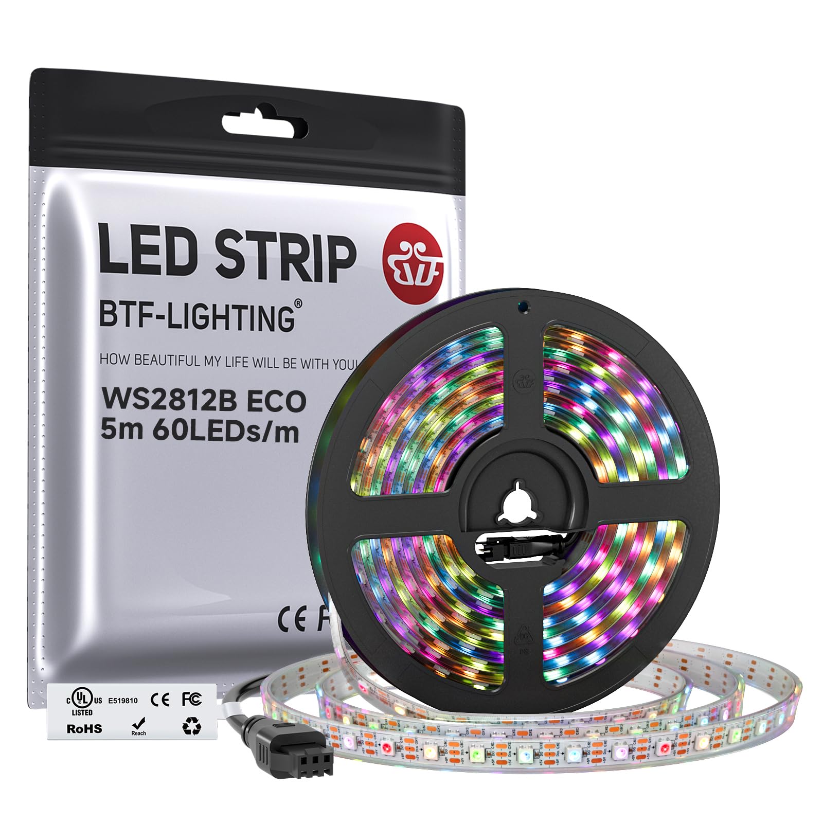 BTF-LIGHTING WS2812B IC RGB LED Strip,UL Listed,DC5V 16.4FT 300LED IP67