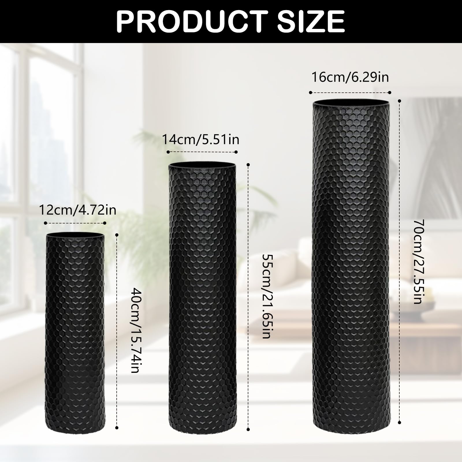 Vaso Grande da Terra Nero, 70/55/40 cm Metallo Vasi da Terra Set di 3, Struttura a Nido d'ape Vasi Decorativi Moderni Extra Vaso Alti da Terra per Camino Corridoio Ufficio Soggiorno
