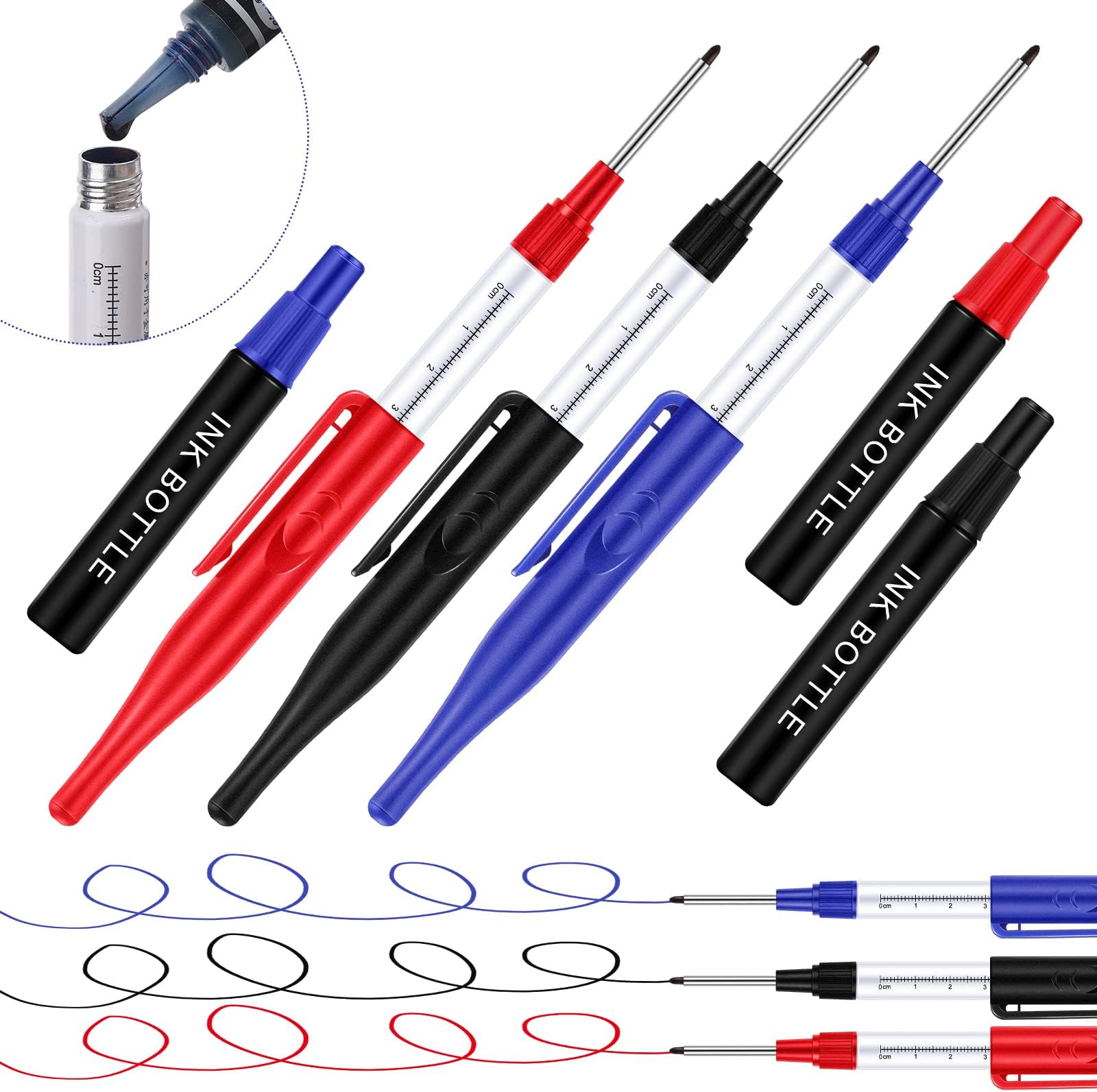 3 Pcs Long Markers for Deep Holes Pens 30 mm Deep Reach Long Nosed Marker 3 Colors Changeable Nib Scriber Waterproof with 3 Pcs Ink Refill Bottles, 3 Pcs Tip Replacements for Hardware Woodworking
