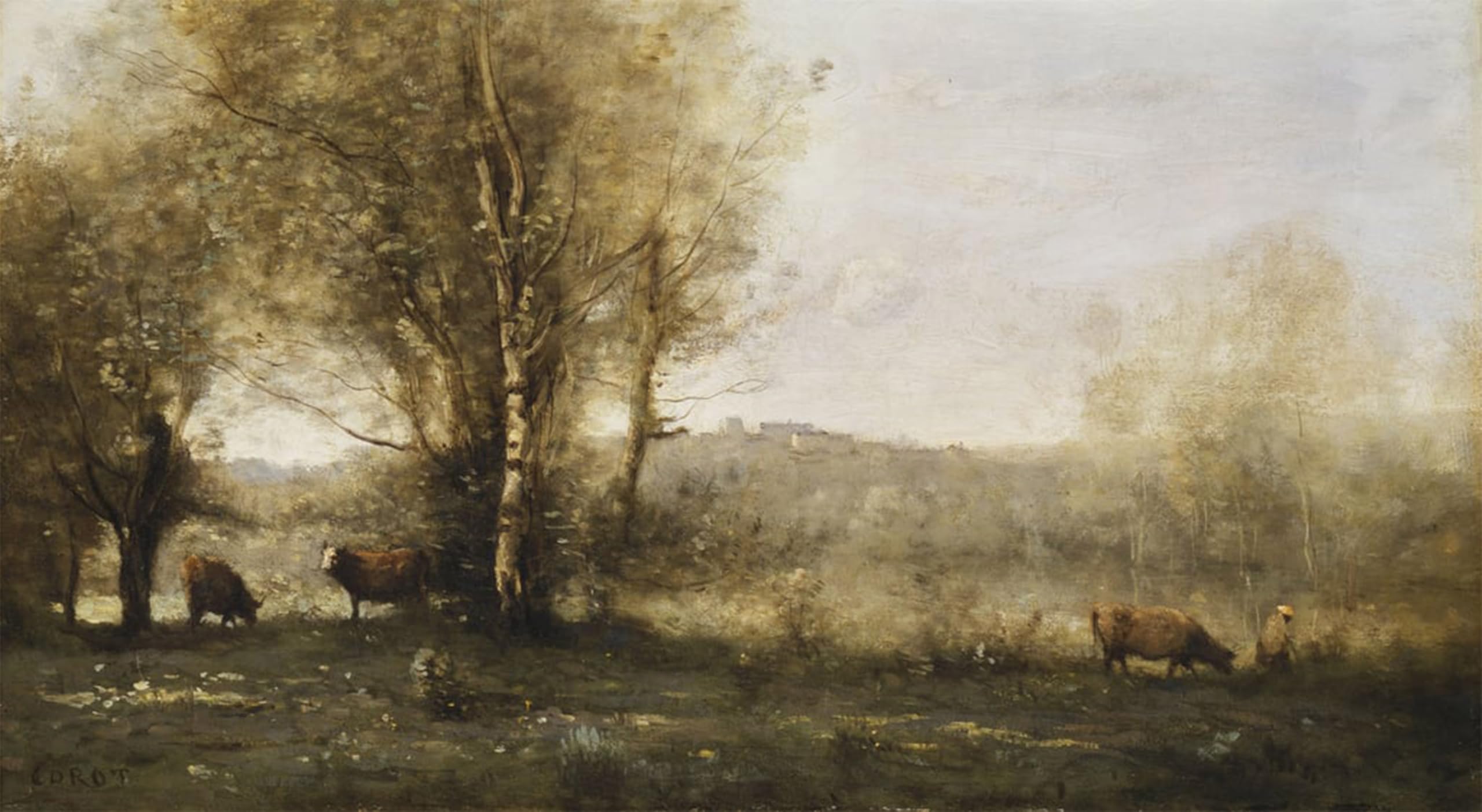 POSTERIIk Famous Modern Artwork Art Mural The Pond with Three Cows by Jean Baptiste Camille Corot Oil Paintings Pictures for Home Decor 60x90cm