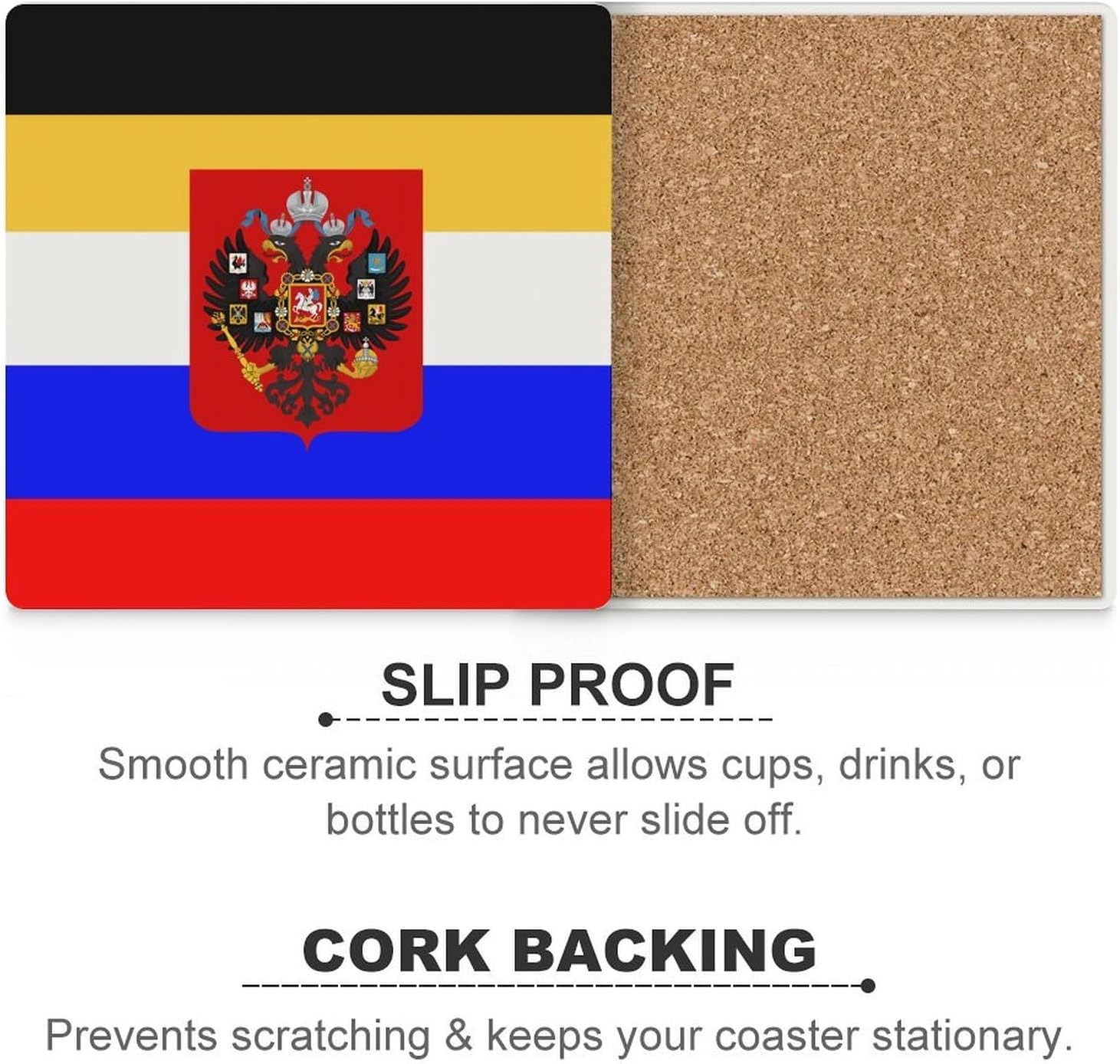 Flag of Russia Funny Ceramic Coasters for Drinks Absorbent Cup Holder Tabletop Protector with Cork Base