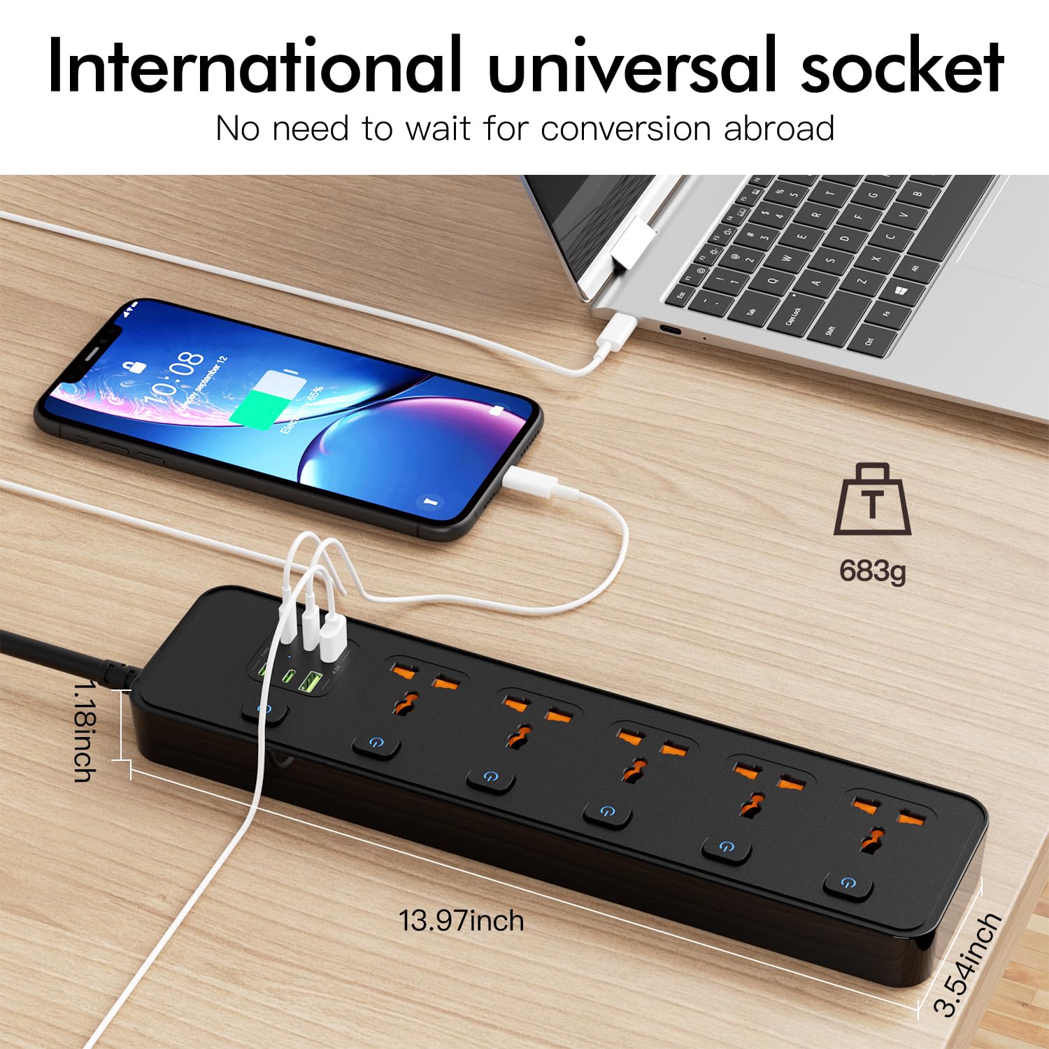 Listwa zasilająca uniwersalna z pojedynczym przełącznikiem, 5 uniwersalnych gniazd, maks. 3250 W, kabel sieciowy 1,8 m, 4 x 20 W USB-C i 2 x USB-A, listwa zasilająca z USB C (powerstrip-1)