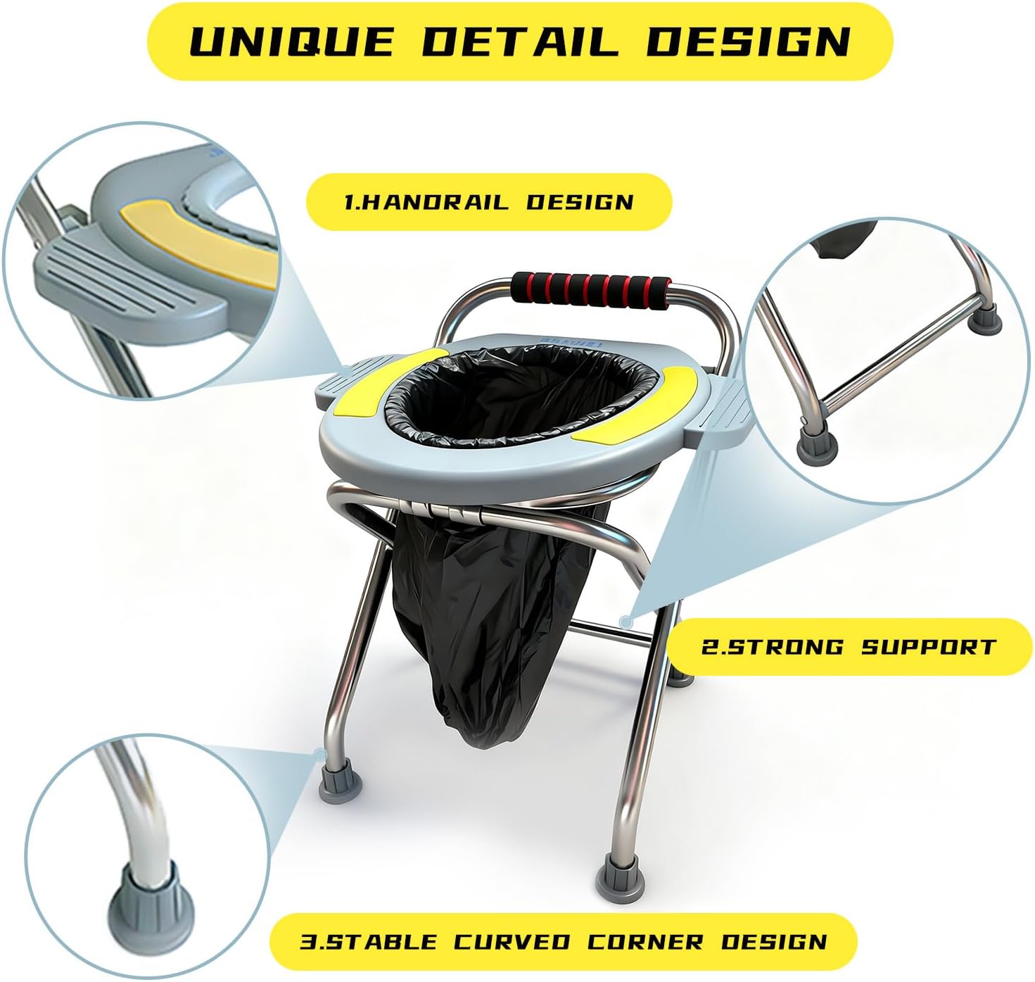 Temvue Outdoor Folding Commode Portable Toilet Seat, Stainless Steel Portable Potty Commode Chair, Perfect for Camping, Traveling, Hiking, Outdoor Living