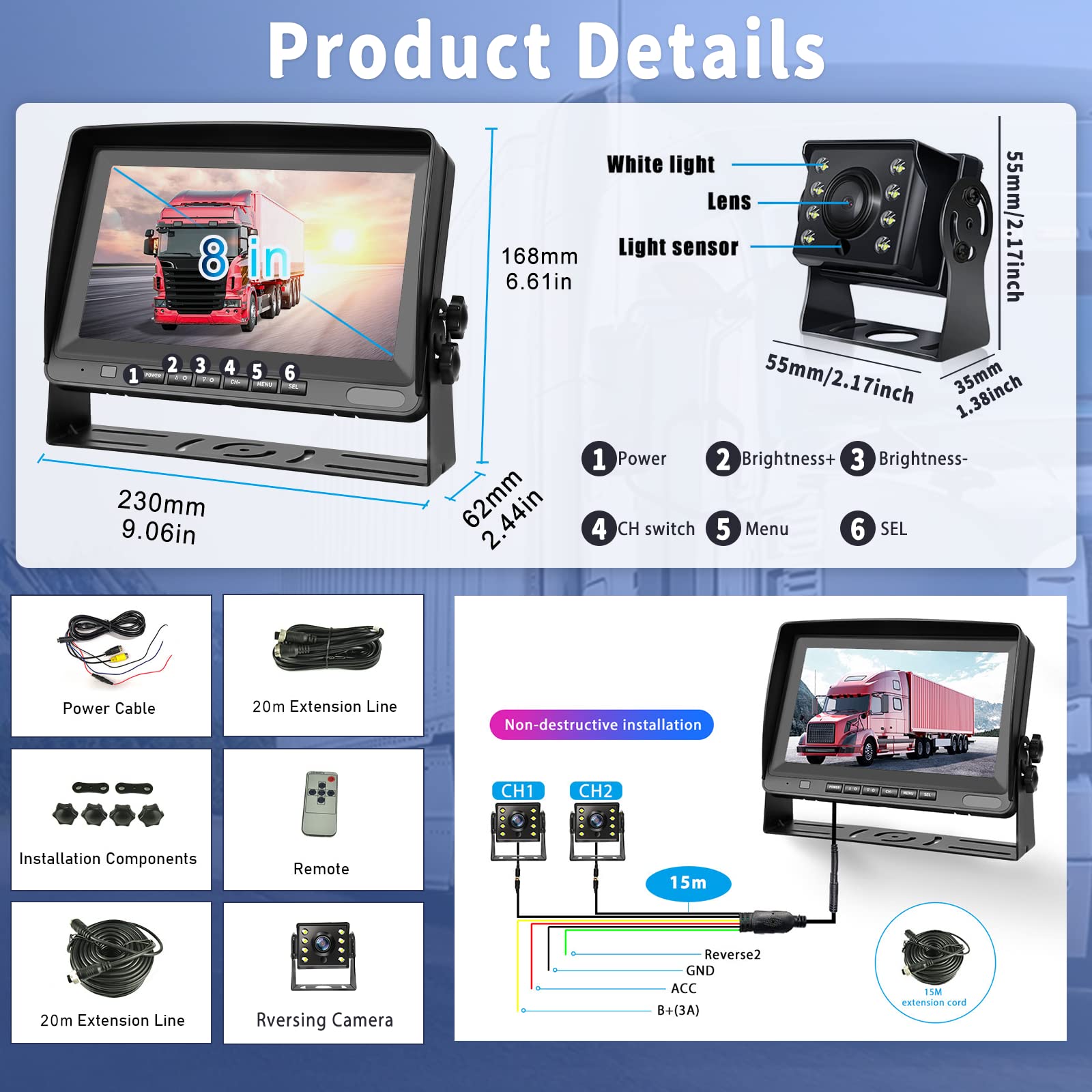 CAMECHO Cámara Trasera und Monitor-Kit para 12V-24V Coche, 8" LCD Monitor 2 Divisiones Camaras, IP69 Cámara + 65,6 Pulgadas Cable de Extensión