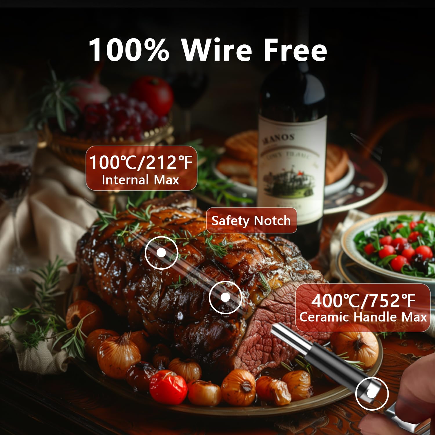BFOUR Termómetro de carne inalámbrico para barbacoa Bluetooth con aplicación, IP67 resistente al agua, termómetro de cocina con pantalla grande