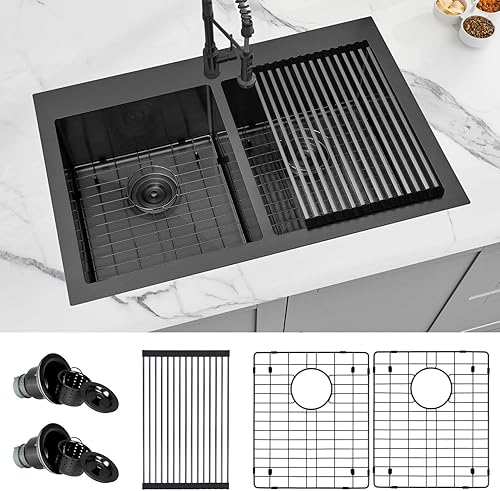 Vista 19 de Fregadero de cocina negro de montaje inferior de 27 x 16 pulgadas, fregadero de cocina de doble tazón 50/50, fregadero de acero inoxidable
