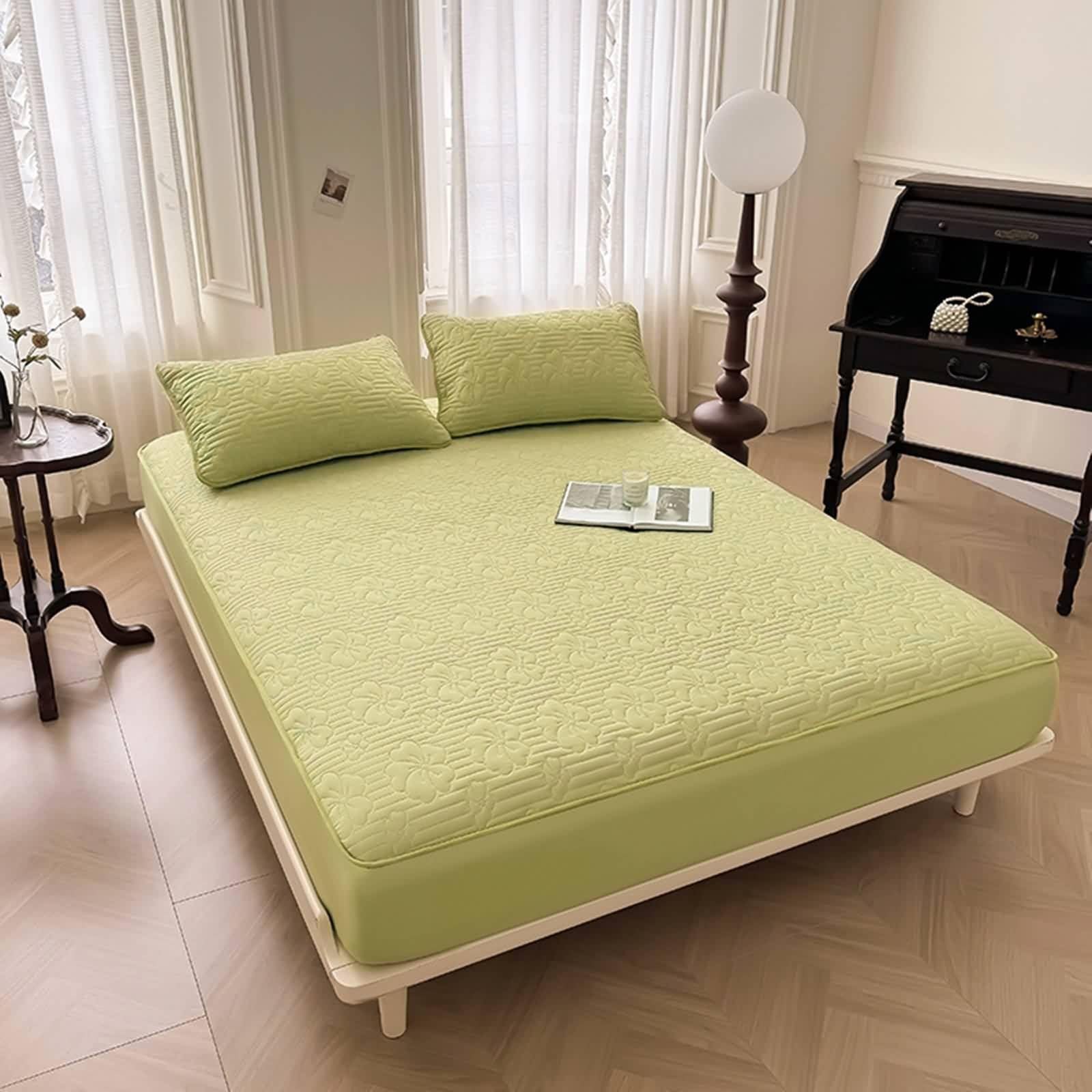 Sábanas de algodón tamaño King, sábana bajera suave de color sólido con textura floral con 2 fundas de almohada, cómodas fundas de almohada, color verde césped, 78 pulgadas de largo x 59 pulgadas de