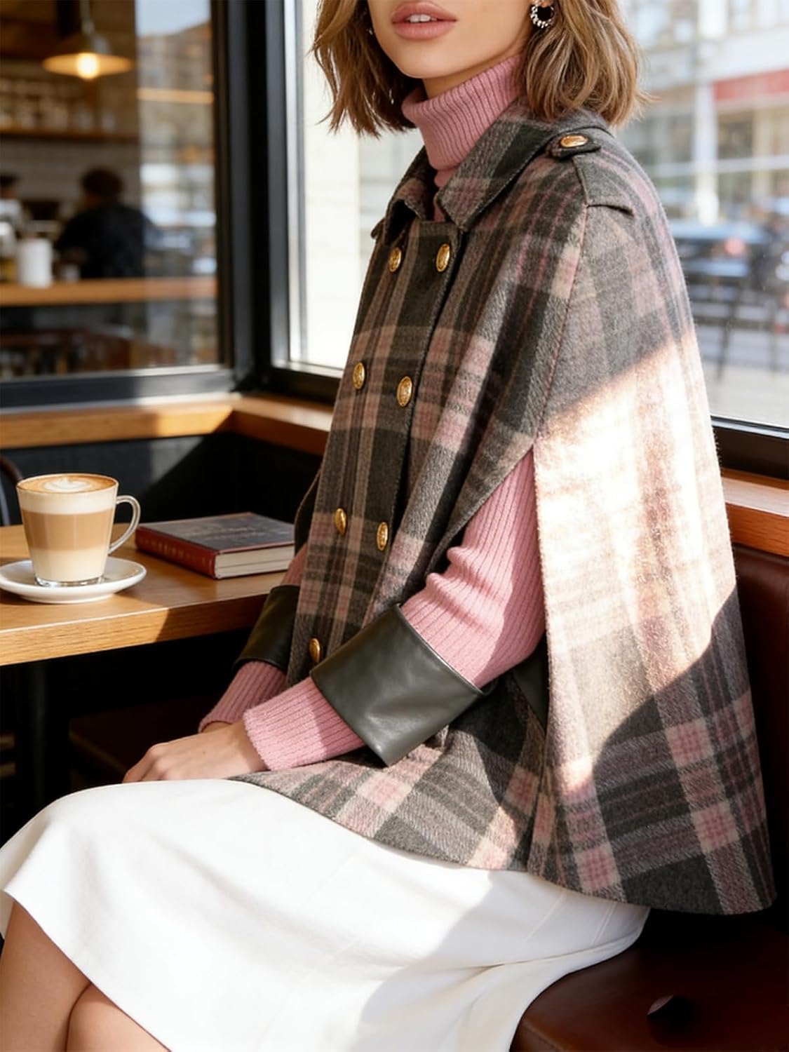 Women's Plaid Winter Cape Coat, Women's Shawl Wrap Poncho Ruana Cape Cardigan Shawls for Fall Winter - Image 6