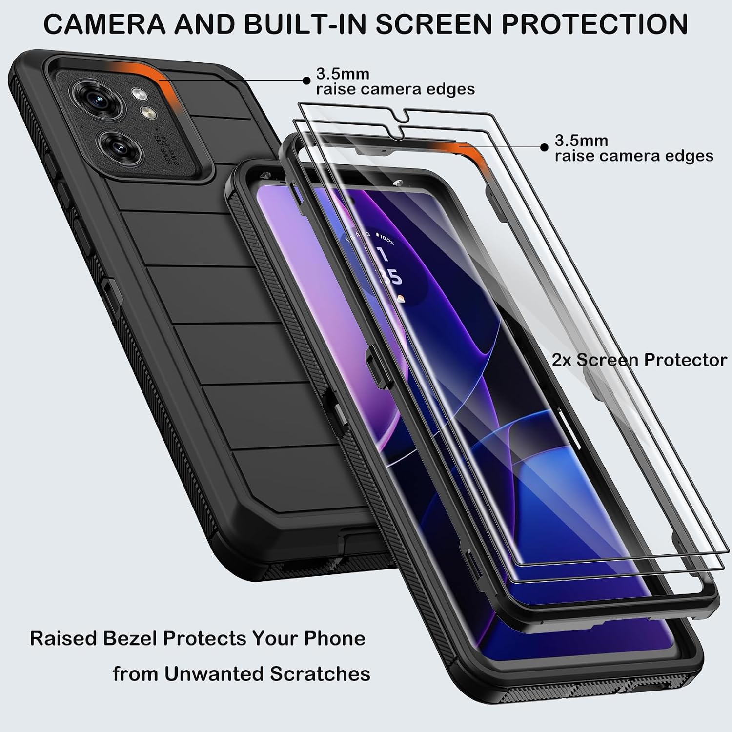 for Motorola Edge 2023 Case with Belt Clip Holster,2X Screen Protector Moto Edge 40 Case,Heavy Duty Drop Protection Military Grade Shockproof Protective Phone Cover with Kickstand (Black)