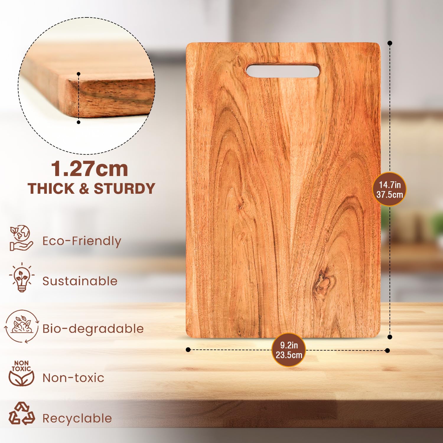 URBANFIX Acacia Wood Chopping Board for Kitchen with Handle | Reversible Wooden Cutting Board for Vegetables, Fruits, Meat & Cheese | Large Wooden Chopper Board for Daily Food Preparation(37.5x23.5cm) 2